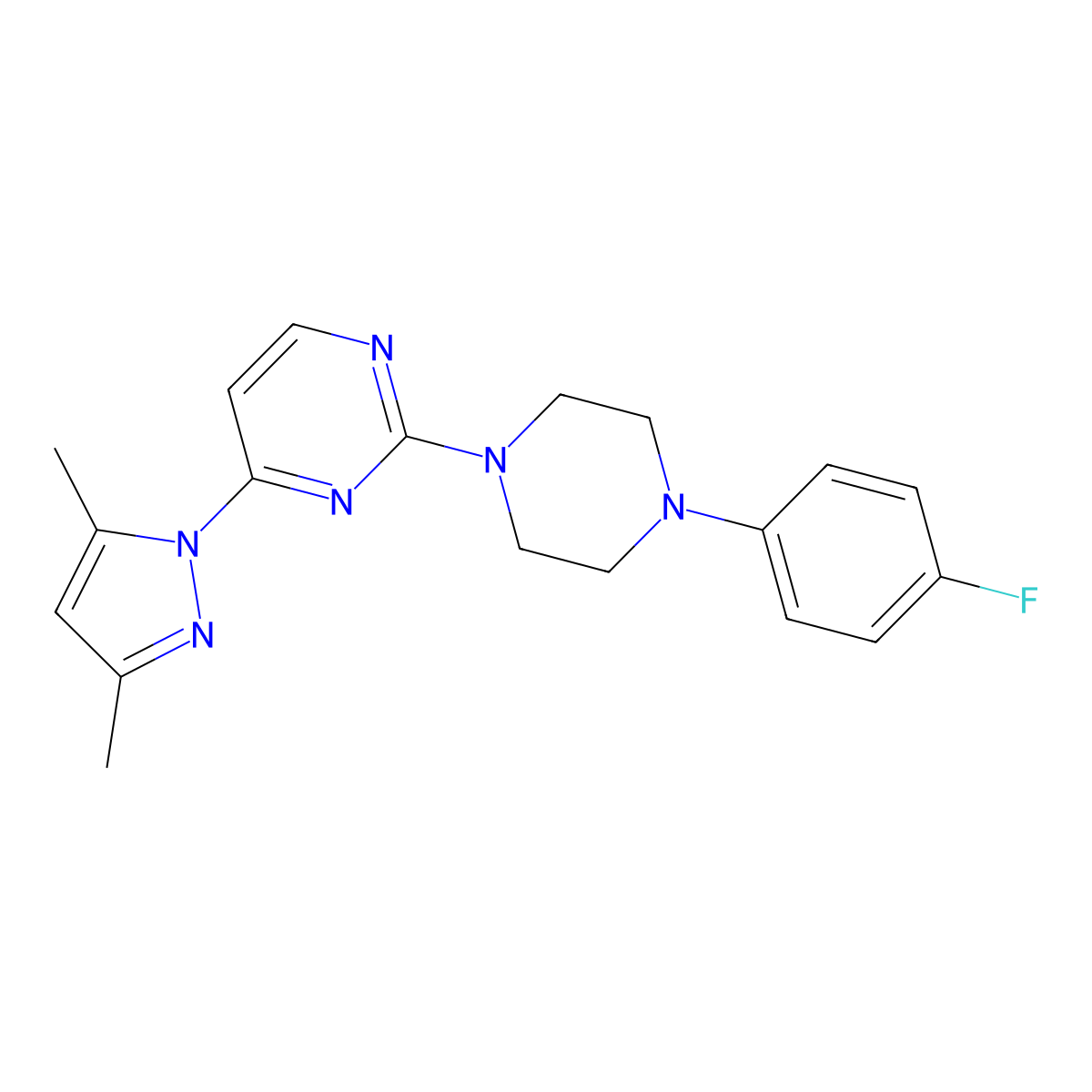 4-(3,5-dimethyl-1H-pyrazol-1-yl)-2-(4-(4-fluorophenyl)piperazin-1-yl)pyrimidine molecular structure, CAS 1251605-85-2