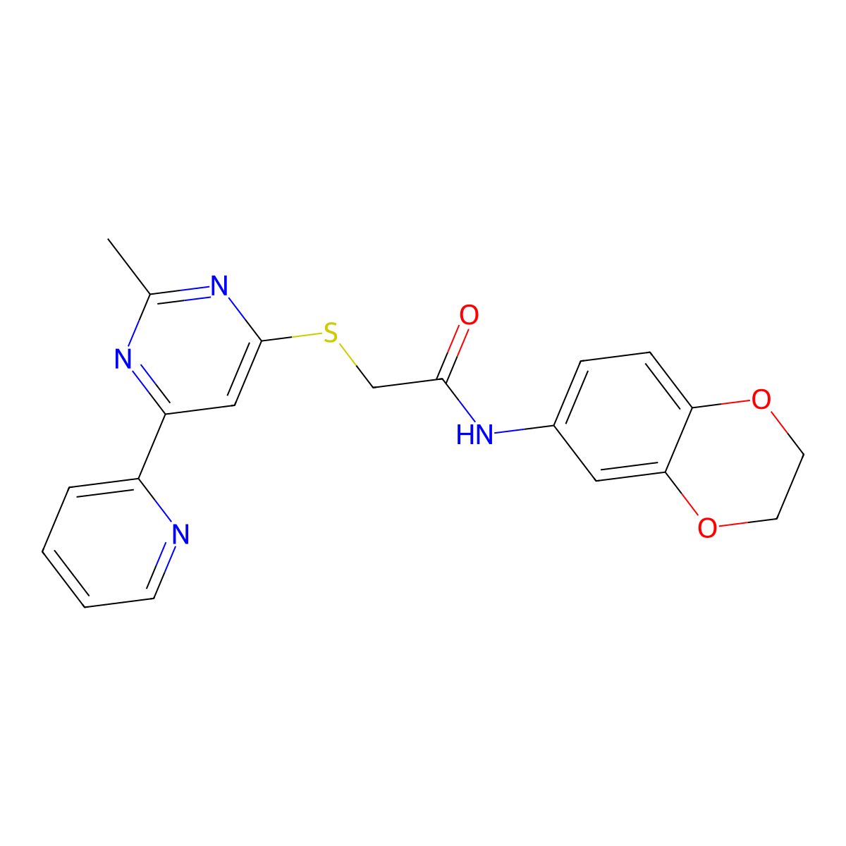 N-(2,3-dihydrobenzo[b][1,4]dioxin-6-yl)-2-((2-methyl-6-(pyridin-2-yl)pyrimidin-4-yl)thio)acetamide molecular structure, CAS 1251605-94-3