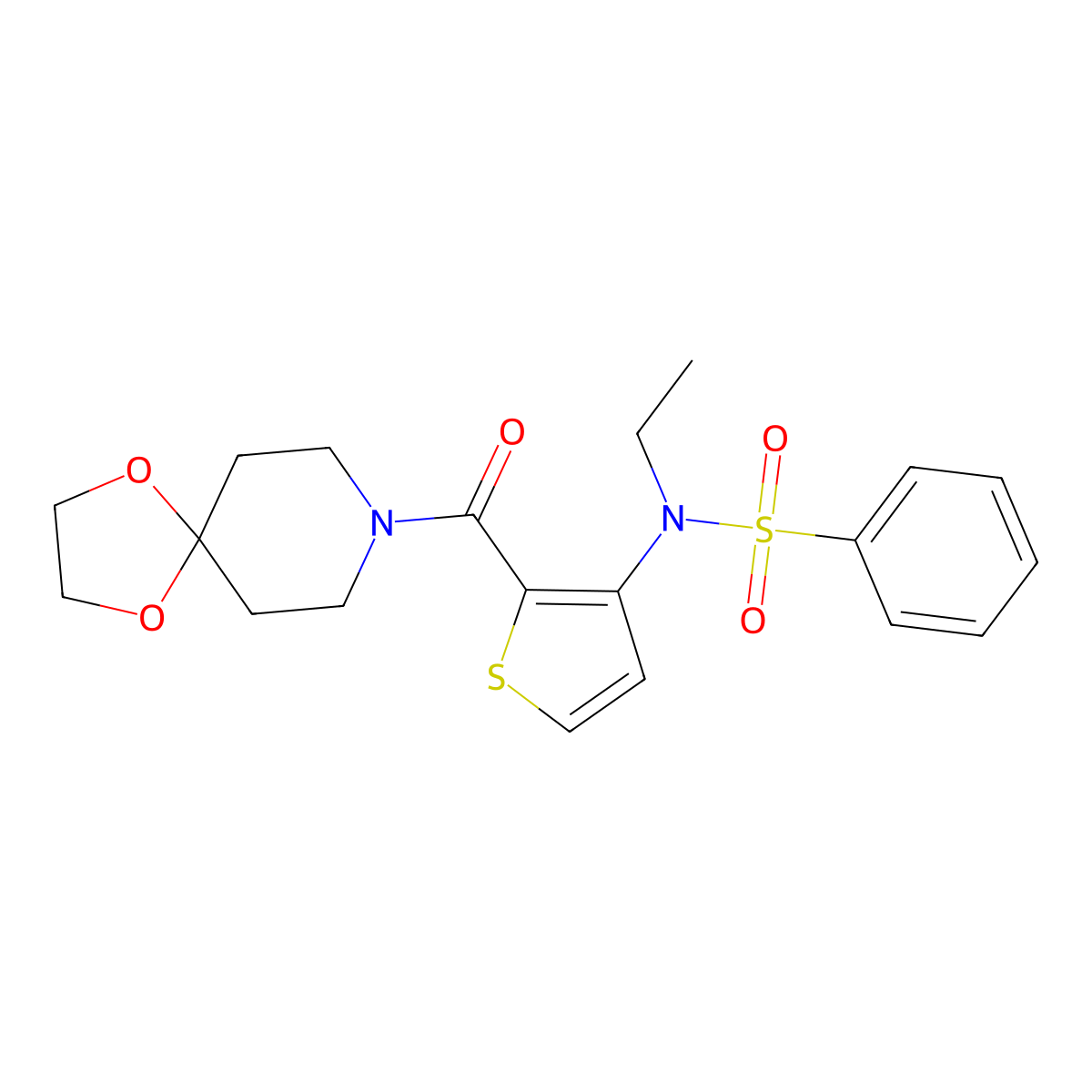 N-(2-{1,4-dioxa-8-azaspiro[4.5]decane-8-carbonyl}thiophen-3-yl)-N-ethylbenzenesulfonamide molecular structure, CAS 1251605-96-5
