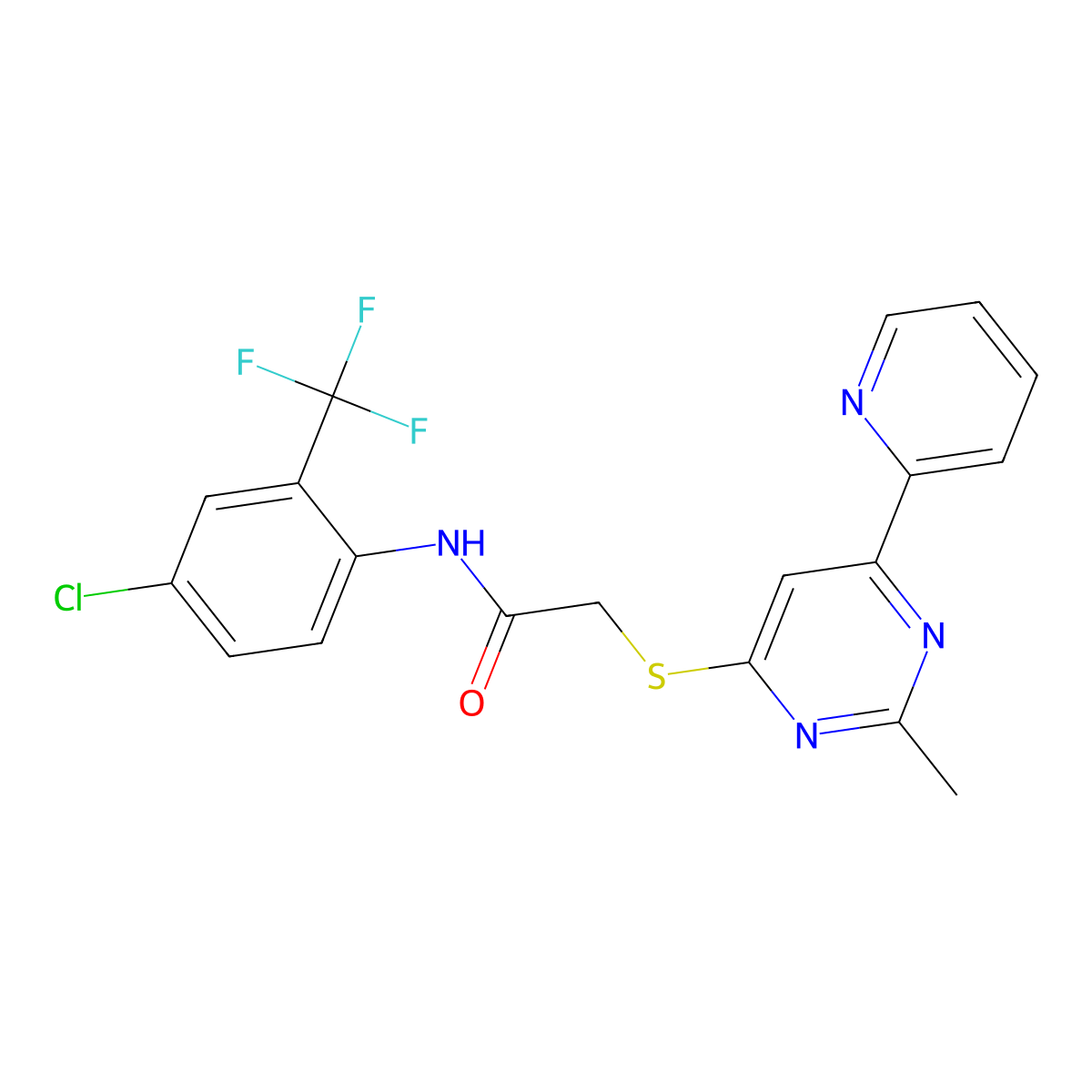 N-(4-chloro-2-(trifluoromethyl)phenyl)-2-((2-methyl-6-(pyridin-2-yl)pyrimidin-4-yl)thio)acetamide molecular structure, CAS 1251606-01-5