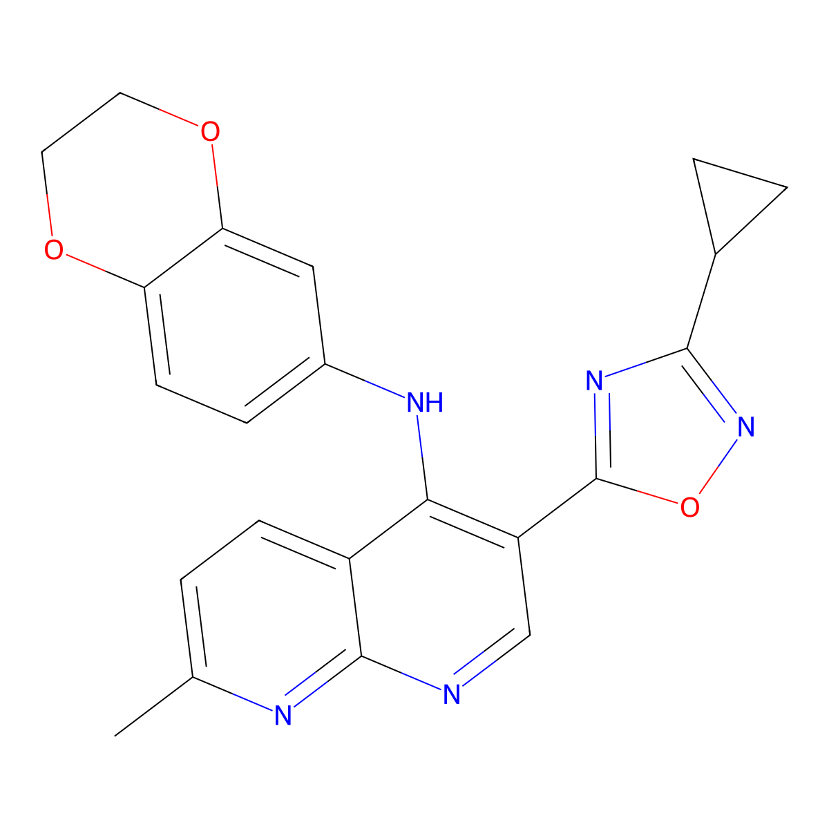 3-(3-cyclopropyl-1,2,4-oxadiazol-5-yl)-N-(2,3-dihydro-1,4-benzodioxin-6-yl)-7-methyl-1,8-naphthyridin-4-amine molecular structure, CAS 1251606-06-0