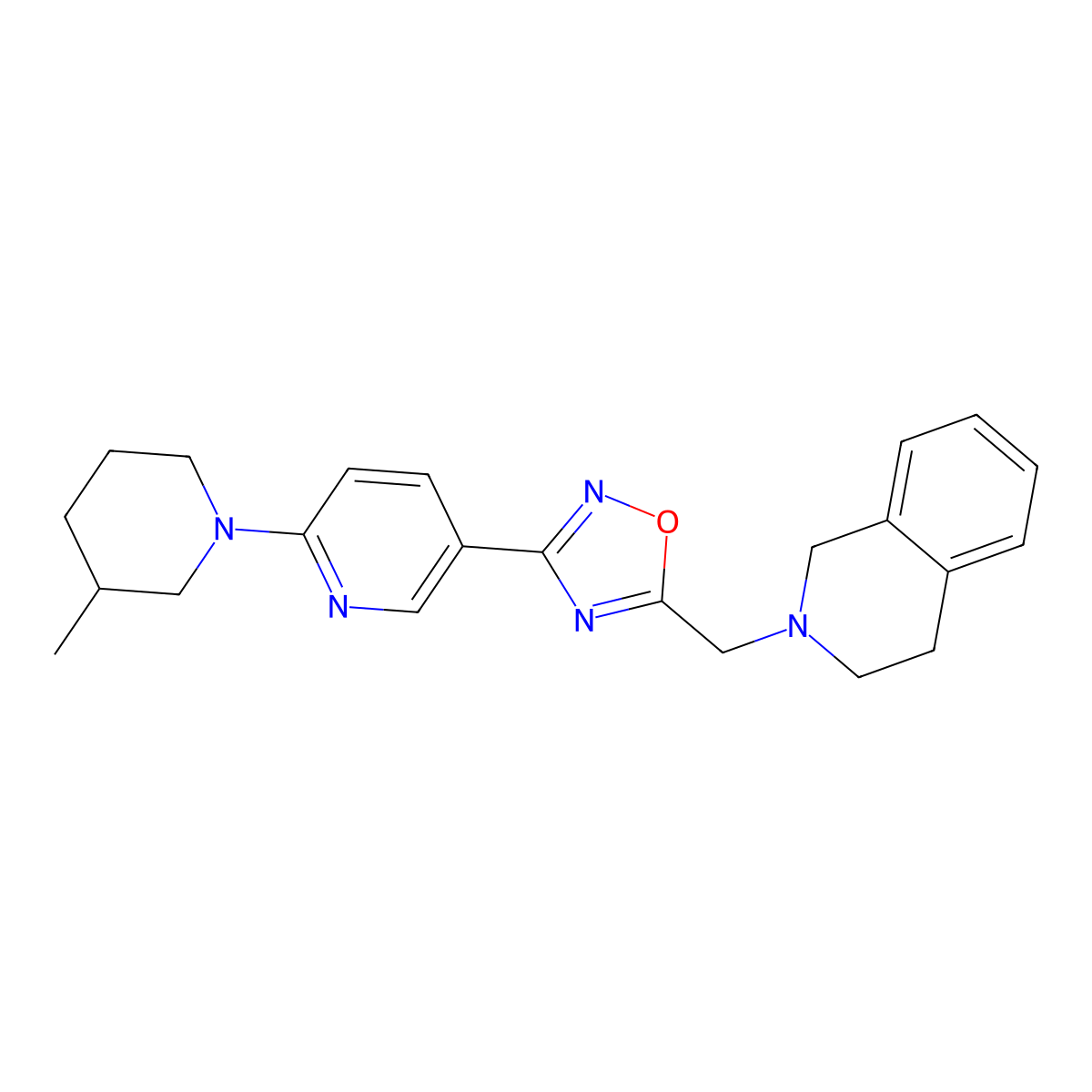 5-((3,4-dihydroisoquinolin-2(1H)-yl)methyl)-3-(6-(3-methylpiperidin-1-yl)pyridin-3-yl)-1,2,4-oxadiazole molecular structure, CAS 1251606-12-8