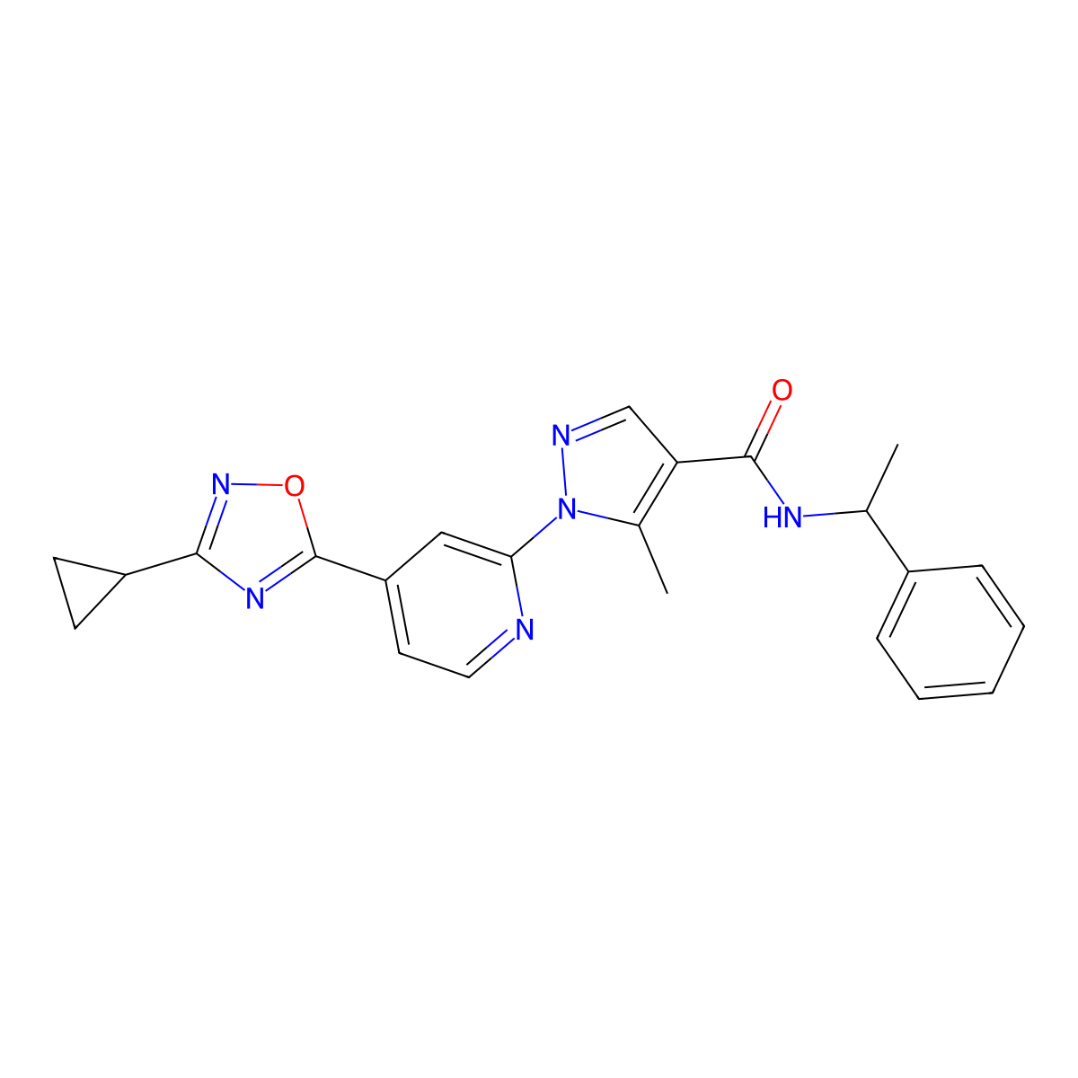 1-[4-(3-cyclopropyl-1,2,4-oxadiazol-5-yl)pyridin-2-yl]-5-methyl-N-(1-phenylethyl)-1H-pyrazole-4-carboxamide molecular structure, CAS 1251606-16-2