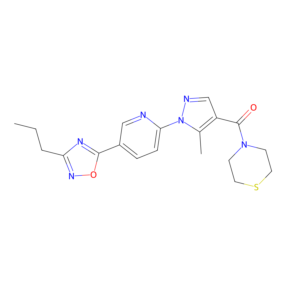 (5-methyl-1-(5-(3-propyl-1,2,4-oxadiazol-5-yl)pyridin-2-yl)-1H-pyrazol-4-yl)(thiomorpholino)methanone molecular structure, CAS 1251606-24-2