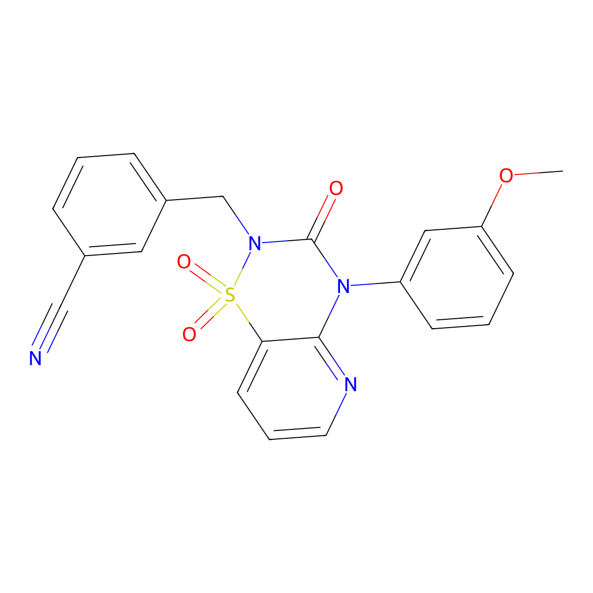 3-((4-(3-methoxyphenyl)-1,1-dioxido-3-oxo-3,4-dihydro-2H-pyrido[2,3-e][1,2,4]thiadiazin-2-yl)methyl)benzonitrile molecular structure, CAS 1251606-43-5