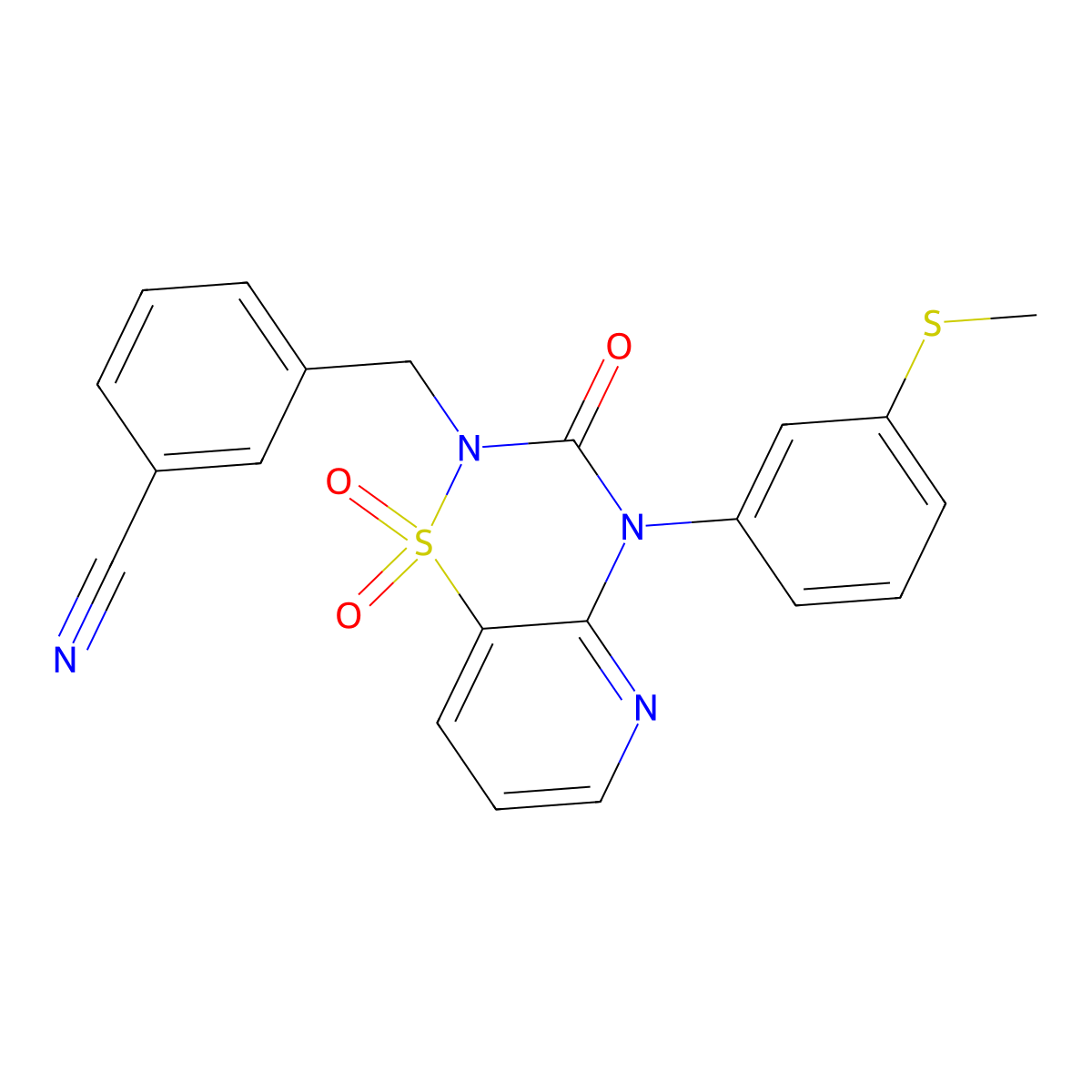3-((4-(3-(methylthio)phenyl)-1,1-dioxido-3-oxo-3,4-dihydro-2H-pyrido[2,3-e][1,2,4]thiadiazin-2-yl)methyl)benzonitrile molecular structure, CAS 1251606-46-8