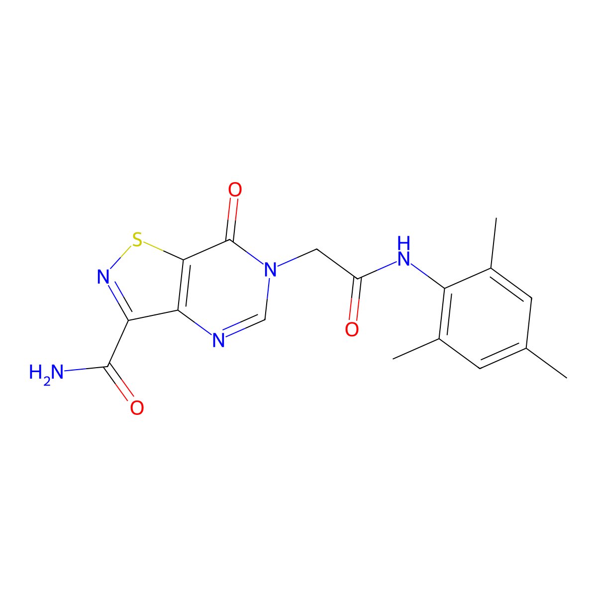 7-oxo-6-{[(2,4,6-trimethylphenyl)carbamoyl]methyl}-6H,7H-[1,2]thiazolo[4,5-d]pyrimidine-3-carboxamide molecular structure, CAS 1251606-47-9