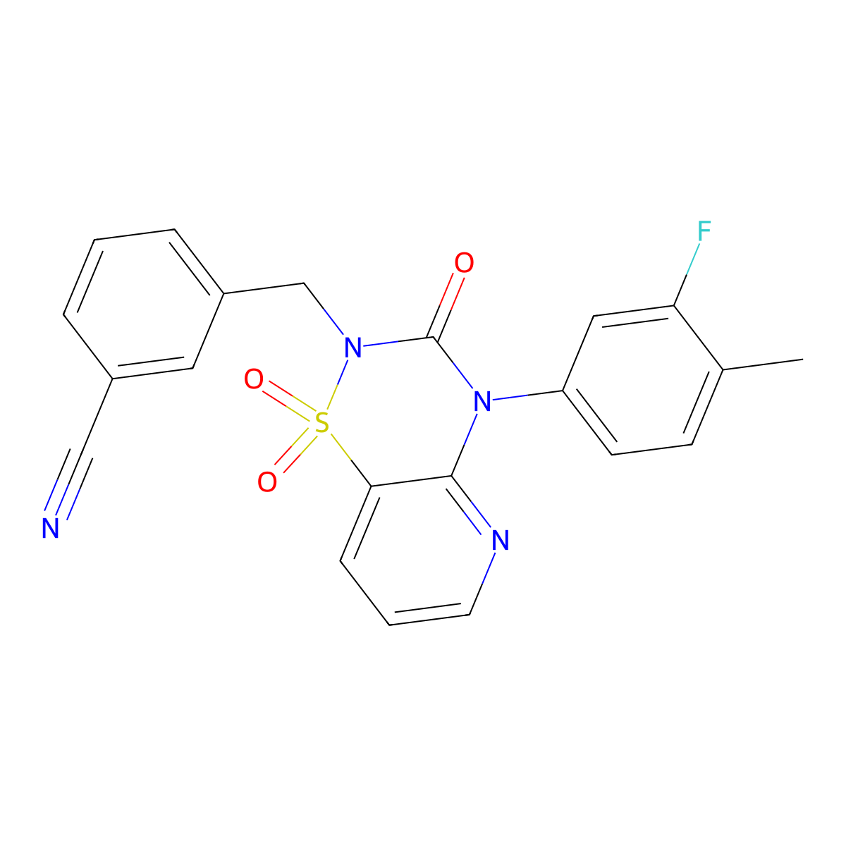 3-((4-(3-fluoro-4-methylphenyl)-1,1-dioxido-3-oxo-3,4-dihydro-2H-pyrido[2,3-e][1,2,4]thiadiazin-2-yl)methyl)benzonitrile molecular structure, CAS 1251606-54-8
