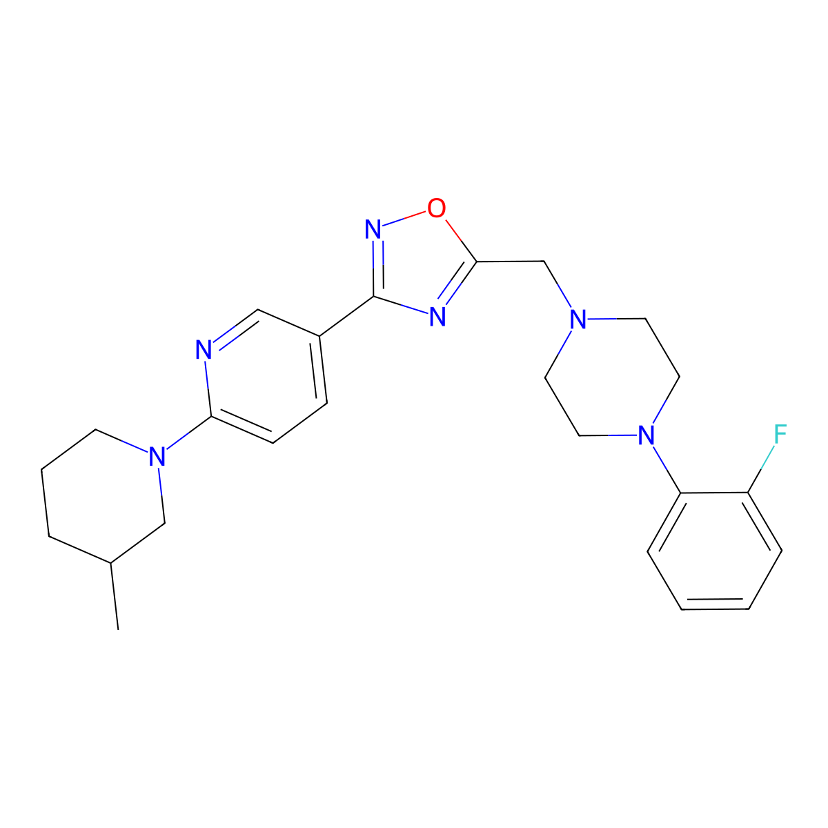 1-(2-Fluorophenyl)-4-({3-[6-(3-methylpiperidin-1-yl)pyridin-3-yl]-1,2,4-oxadiazol-5-yl}methyl)piperazine molecular structure, CAS 1251606-87-7