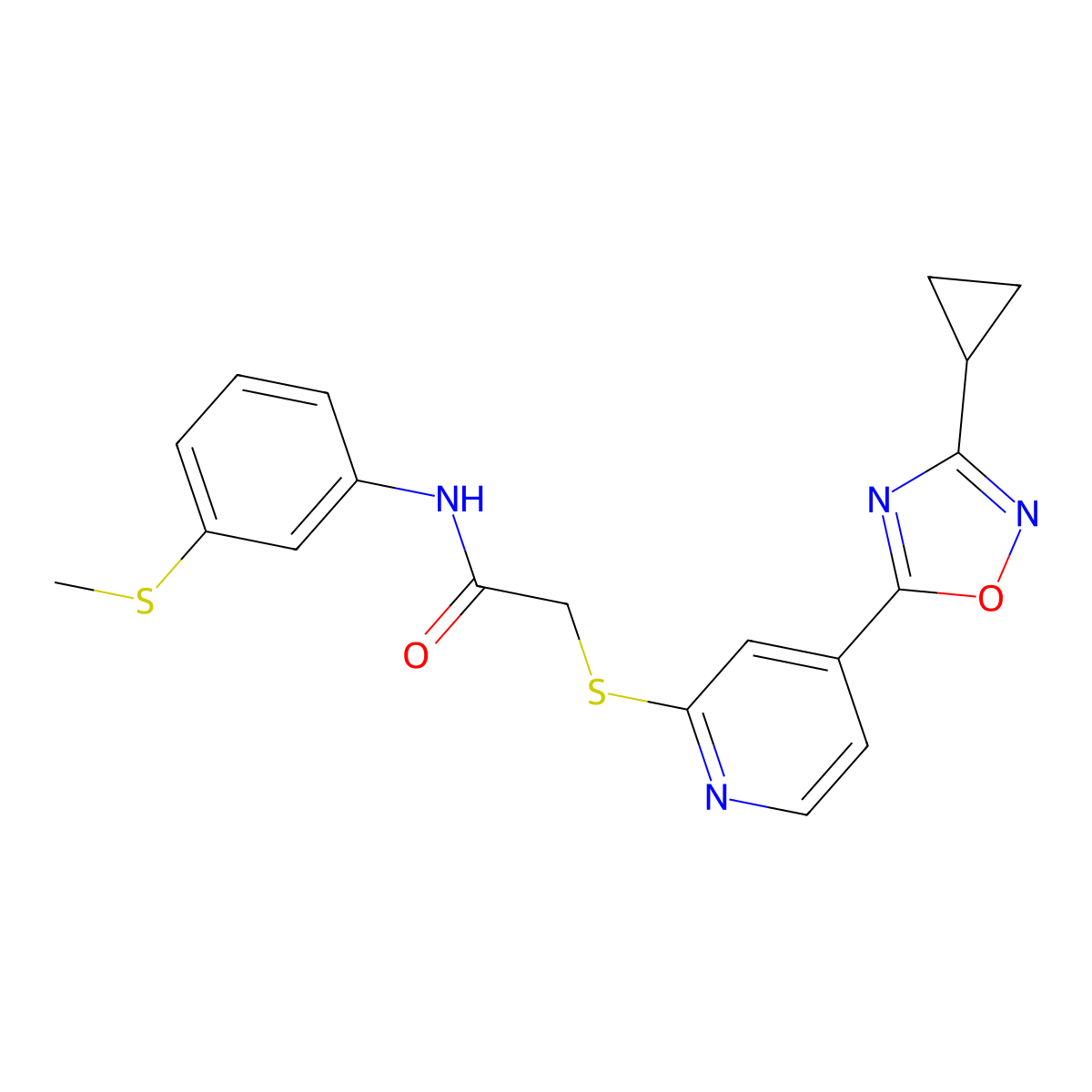 2-((4-(3-cyclopropyl-1,2,4-oxadiazol-5-yl)pyridin-2-yl)thio)-N-(3-(methylthio)phenyl)acetamide molecular structure, CAS 1251606-92-4