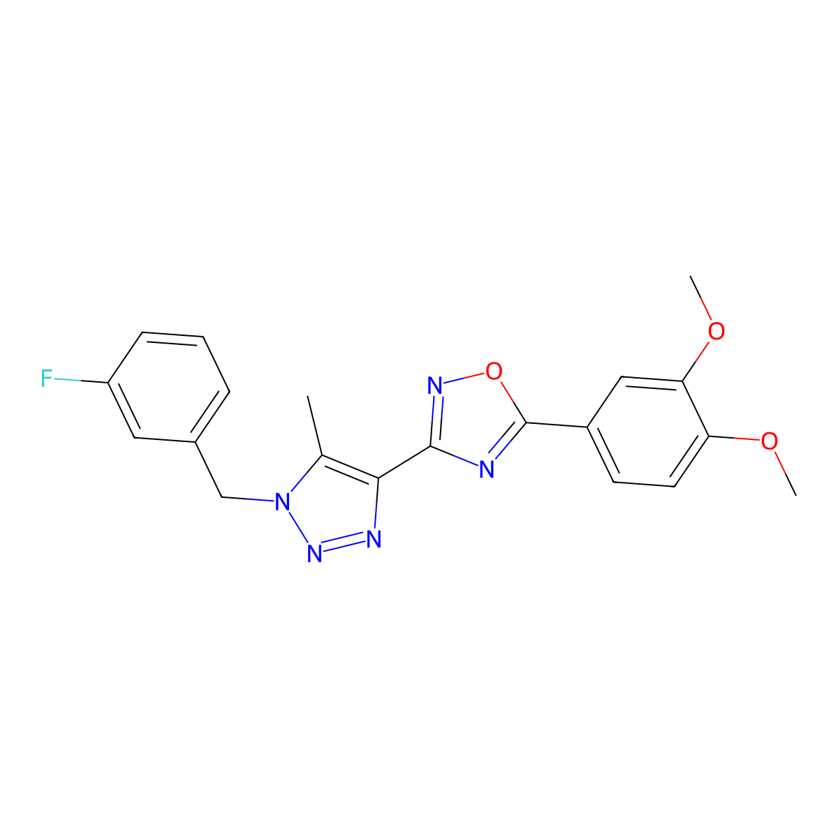 5-(3,4-dimethoxyphenyl)-3-(1-(3-fluorobenzyl)-5-methyl-1H-1,2,3-triazol-4-yl)-1,2,4-oxadiazole molecular structure, CAS 1251607-90-5