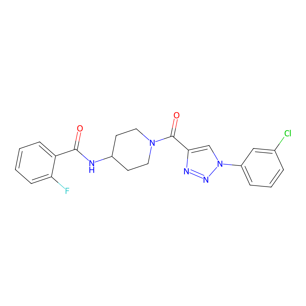 N-(1-(1-(3-chlorophenyl)-1H-1,2,3-triazole-4-carbonyl)piperidin-4-yl)-2-fluorobenzamide molecular structure, CAS 1251608-02-2