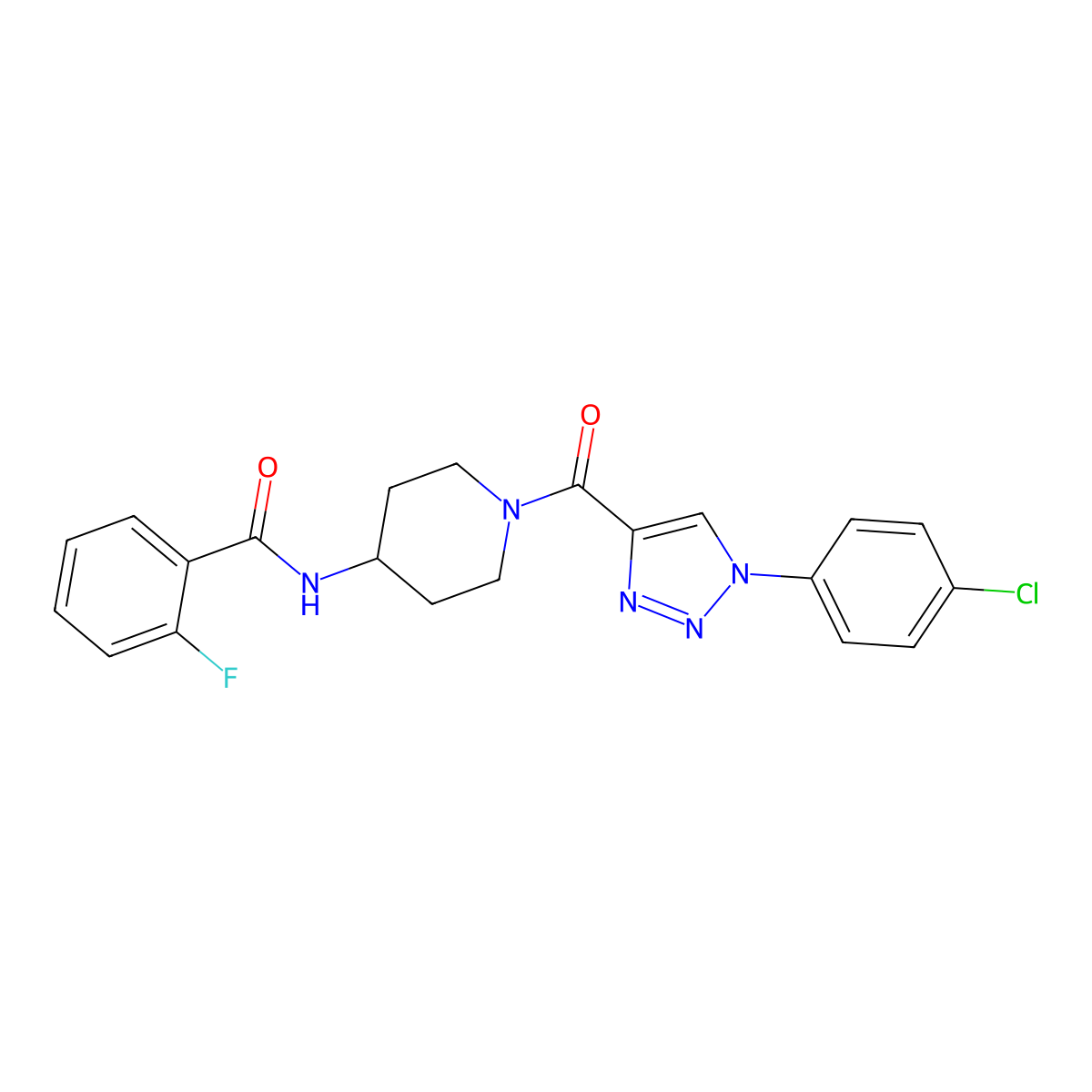 N-(1-(1-(4-chlorophenyl)-1H-1,2,3-triazole-4-carbonyl)piperidin-4-yl)-2-fluorobenzamide molecular structure, CAS 1251608-05-5