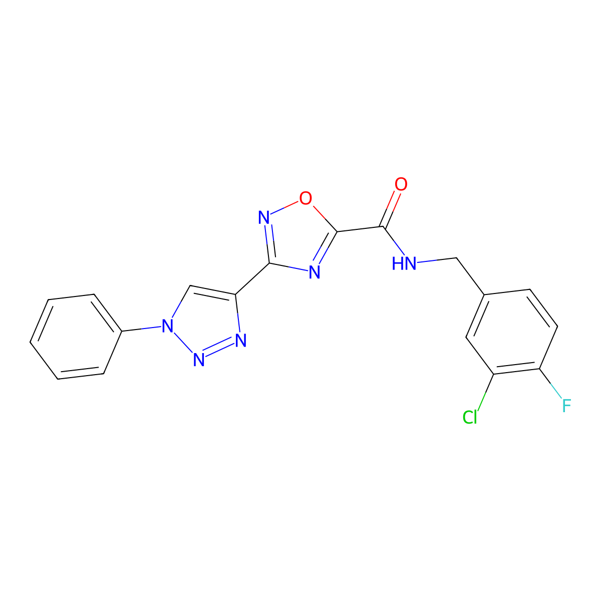 N-(3-chloro-4-fluorobenzyl)-3-(1-phenyl-1H-1,2,3-triazol-4-yl)-1,2,4-oxadiazole-5-carboxamide molecular structure, CAS 1251608-43-1