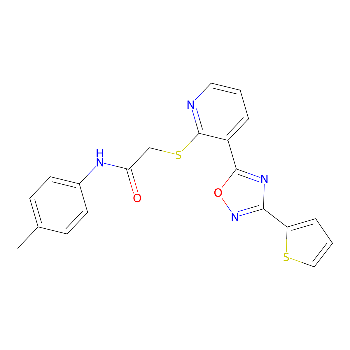 2-((3-(3-(thiophen-2-yl)-1,2,4-oxadiazol-5-yl)pyridin-2-yl)thio)-N-(p-tolyl)acetamide molecular structure, CAS 1251608-51-1