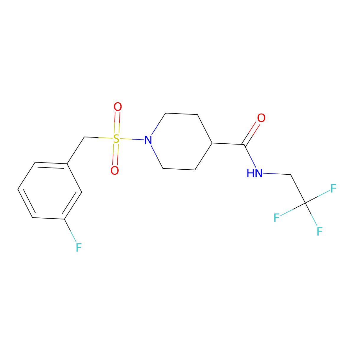 1-((3-fluorobenzyl)sulfonyl)-N-(2,2,2-trifluoroethyl)piperidine-4-carboxamide molecular structure, CAS 1251608-54-4