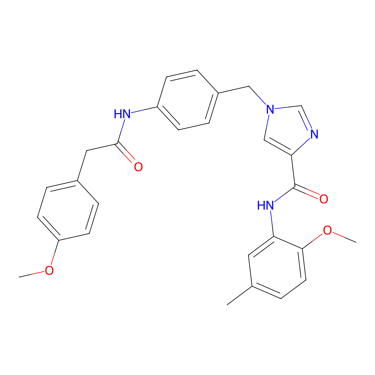 N-(2-methoxy-5-methylphenyl)-1-(4-(2-(4-methoxyphenyl)acetamido)benzyl)-1H-imidazole-4-carboxamide molecular structure, CAS 1251608-56-6