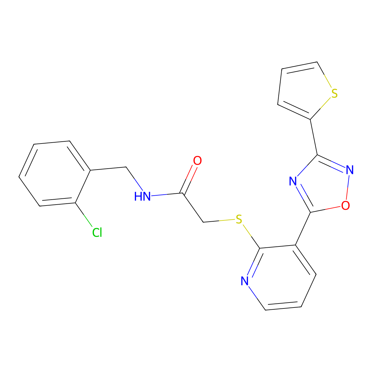 N-(2-chlorobenzyl)-2-((3-(3-(thiophen-2-yl)-1,2,4-oxadiazol-5-yl)pyridin-2-yl)thio)acetamide molecular structure, CAS 1251608-64-6
