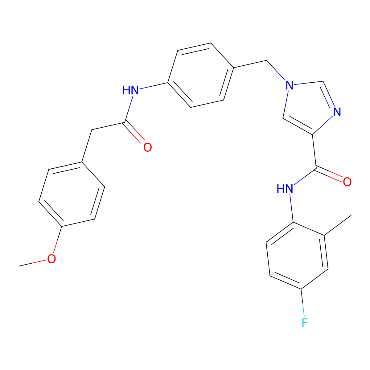 N-(4-fluoro-2-methylphenyl)-1-(4-(2-(4-methoxyphenyl)acetamido)benzyl)-1H-imidazole-4-carboxamide molecular structure, CAS 1251608-74-8