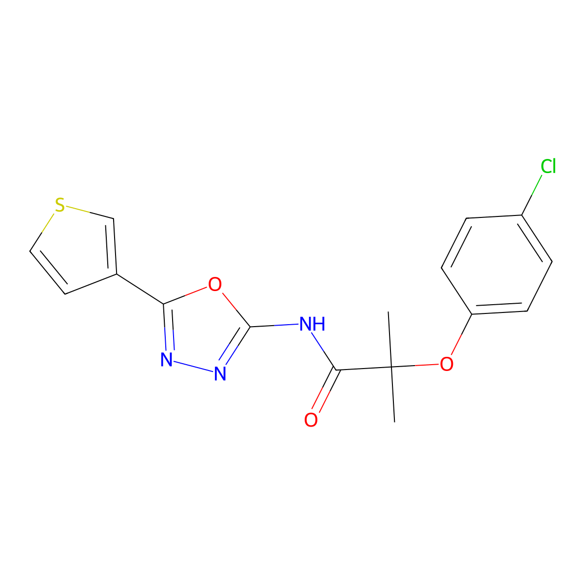 2-(4-chlorophenoxy)-2-methyl-N-(5-(thiophen-3-yl)-1,3,4-oxadiazol-2-yl)propanamide molecular structure, CAS 1251609-38-7