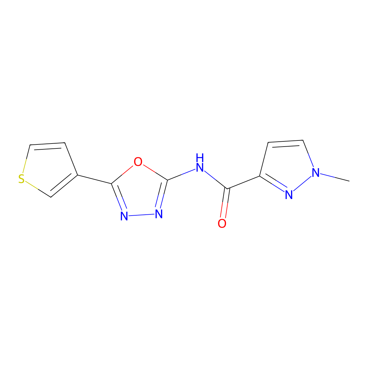 1-methyl-N-[5-(thiophen-3-yl)-1,3,4-oxadiazol-2-yl]-1H-pyrazole-3-carboxamide molecular structure, CAS 1251609-46-7