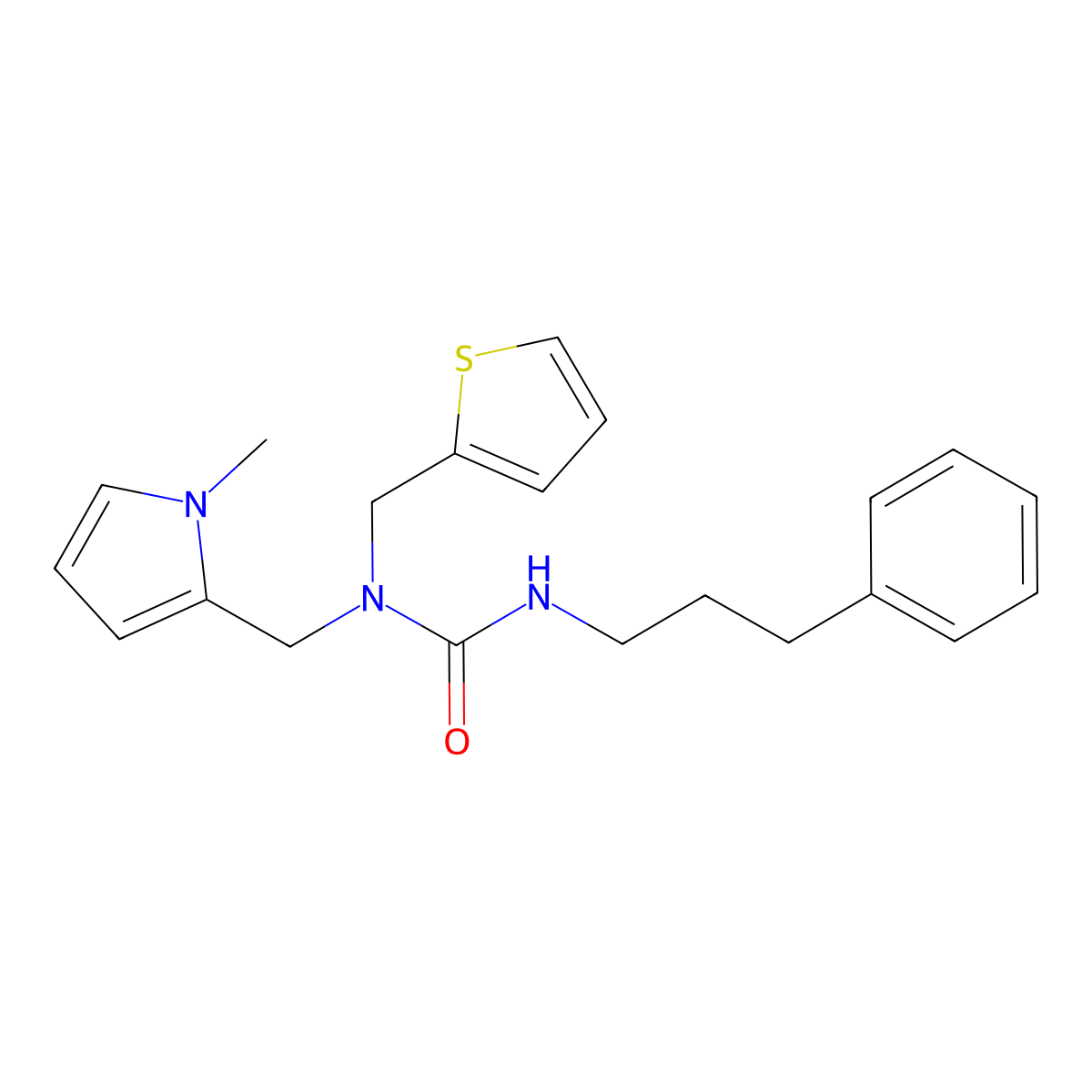 1-((1-methyl-1H-pyrrol-2-yl)methyl)-3-(3-phenylpropyl)-1-(thiophen-2-ylmethyl)urea molecular structure, CAS 1251609-51-4