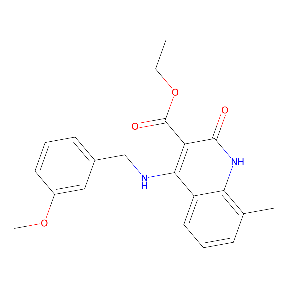 Ethyl 4-((3-methoxybenzyl)amino)-8-methyl-2-oxo-1,2-dihydroquinoline-3-carboxylate molecular structure, CAS 1251609-86-5