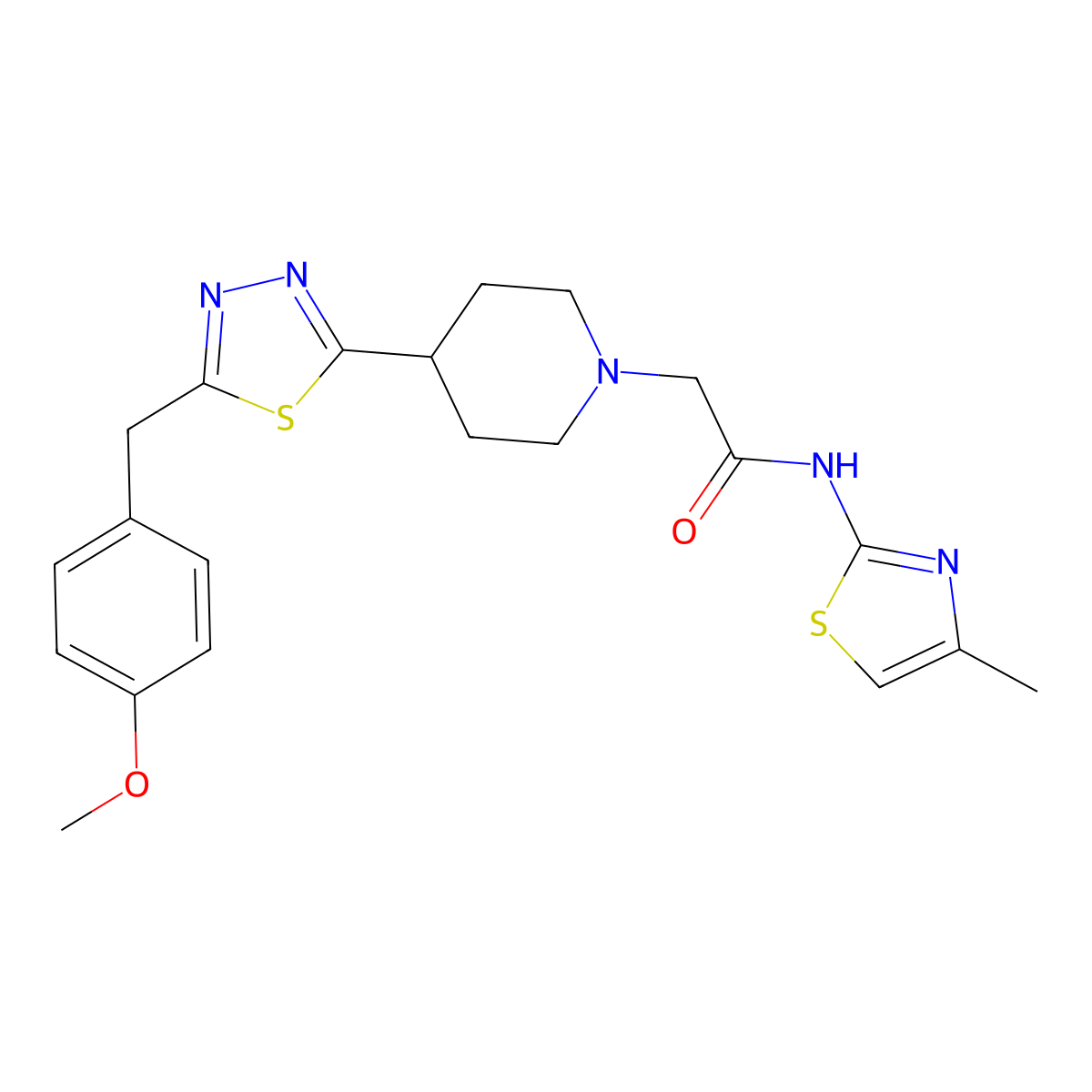 2-(4-(5-(4-methoxybenzyl)-1,3,4-thiadiazol-2-yl)piperidin-1-yl)-N-(4-methylthiazol-2-yl)acetamide molecular structure, CAS 1251609-97-8
