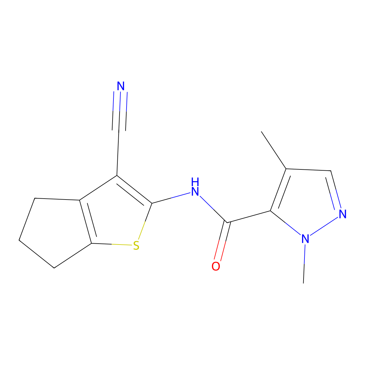 N-(3-cyano-5,6-dihydro-4H-cyclopenta[b]thiophen-2-yl)-1,4-dimethyl-1H-pyrazole-5-carboxamide molecular structure, CAS 1251610-05-5