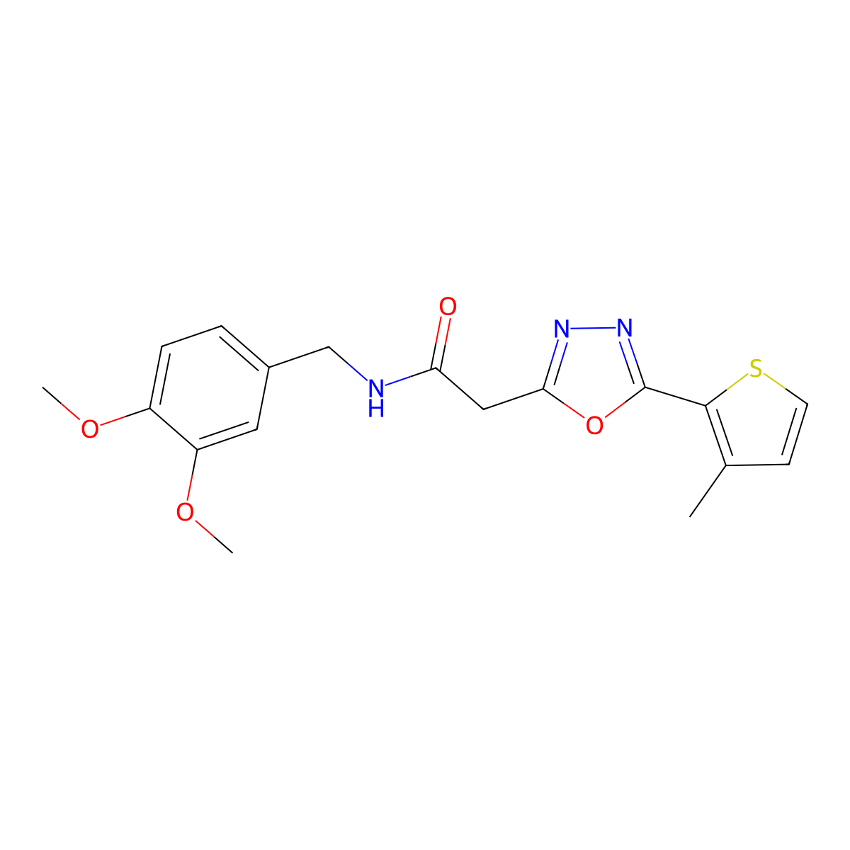 N-[(3,4-dimethoxyphenyl)methyl]-2-[5-(3-methylthiophen-2-yl)-1,3,4-oxadiazol-2-yl]acetamide molecular structure, CAS 1251610-08-8