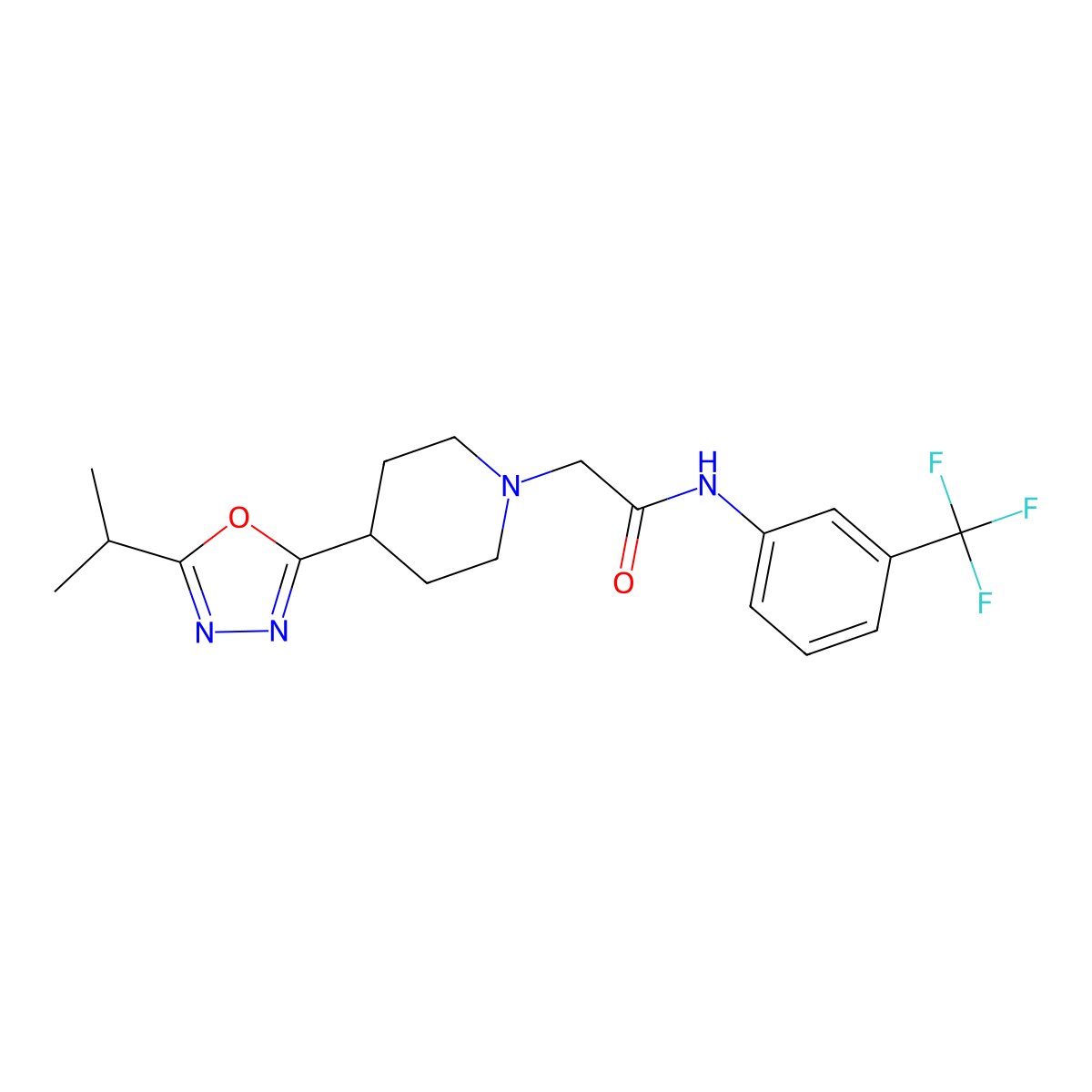 2-{4-[5-(propan-2-yl)-1,3,4-oxadiazol-2-yl]piperidin-1-yl}-N-[3-(trifluoromethyl)phenyl]acetamide molecular structure, CAS 1251610-19-1