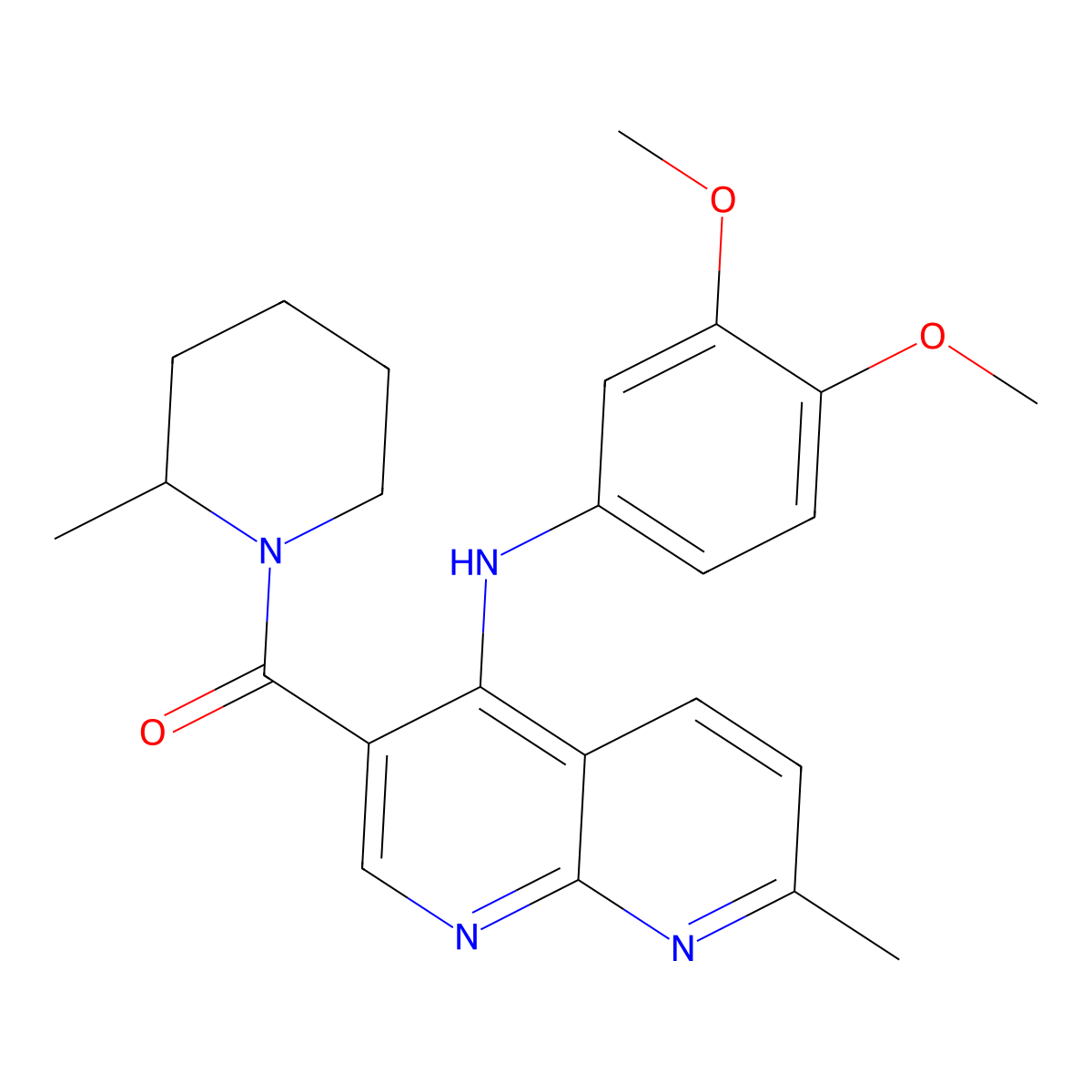 N-(3,4-dimethoxyphenyl)-7-methyl-3-(2-methylpiperidine-1-carbonyl)-1,8-naphthyridin-4-amine molecular structure, CAS 1251610-25-9