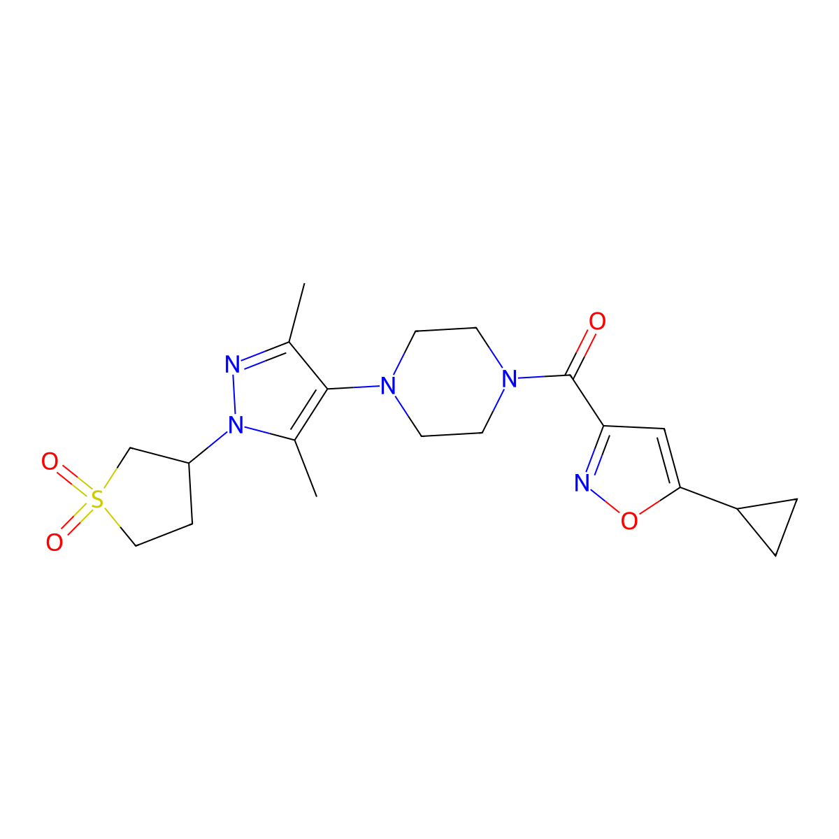 (5-cyclopropylisoxazol-3-yl)(4-(1-(1,1-dioxidotetrahydrothiophen-3-yl)-3,5-dimethyl-1H-pyrazol-4-yl)piperazin-1-yl)methanone molecular structure, CAS 1251610-29-3