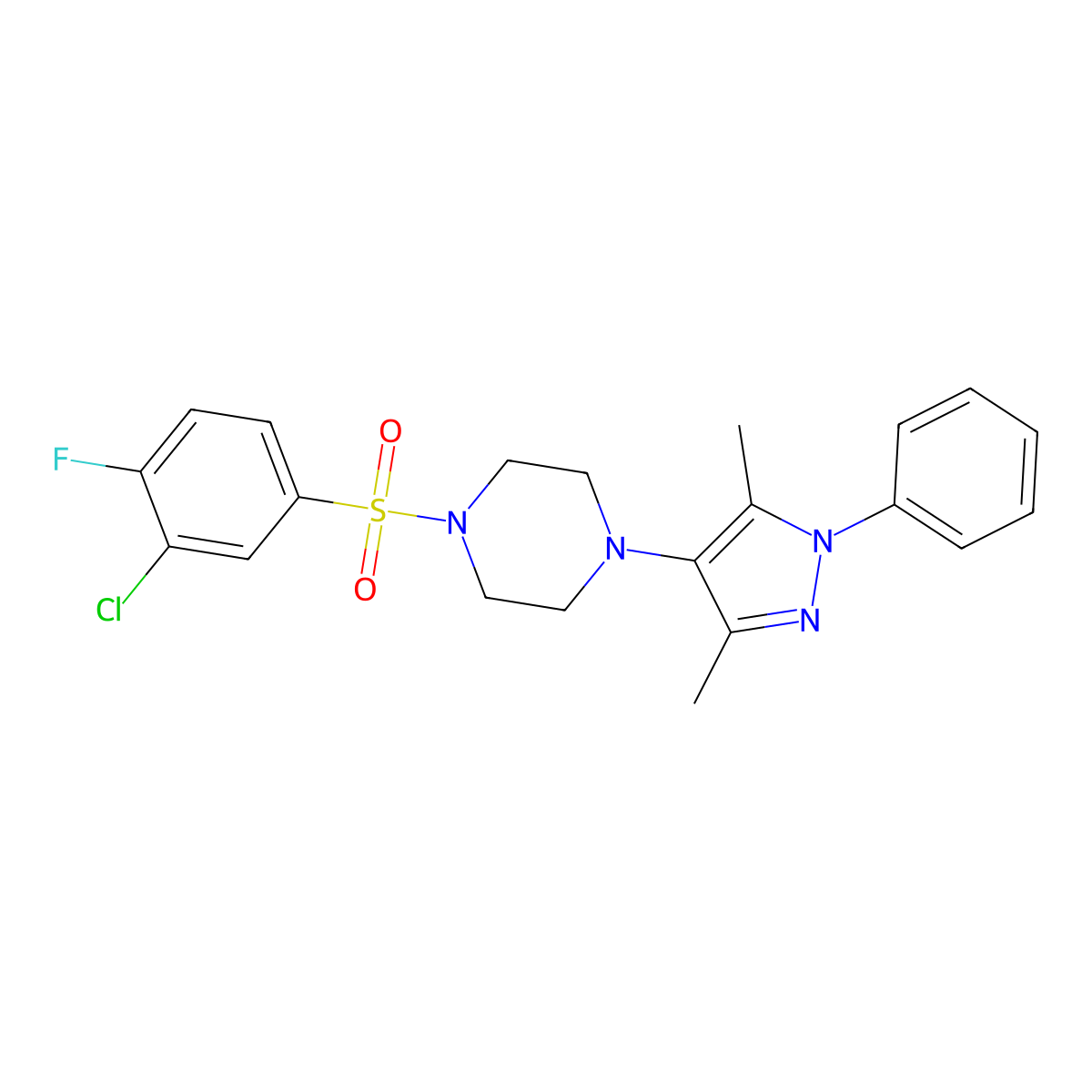 1-(3-chloro-4-fluorobenzenesulfonyl)-4-(3,5-dimethyl-1-phenyl-1H-pyrazol-4-yl)piperazine molecular structure, CAS 1251610-36-2