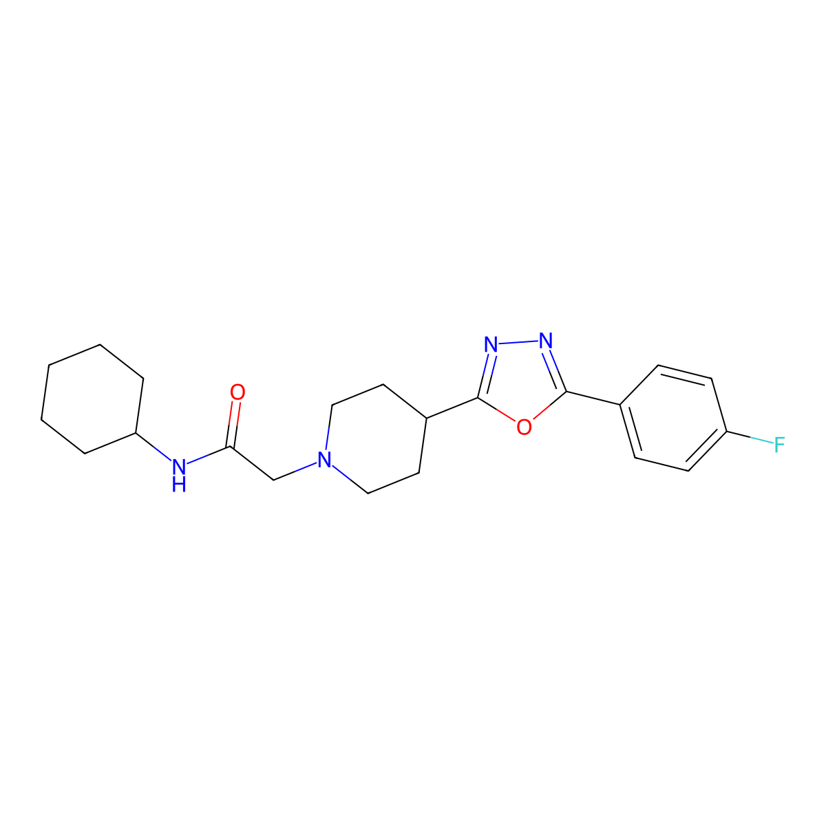 N-cyclohexyl-2-(4-(5-(4-fluorophenyl)-1,3,4-oxadiazol-2-yl)piperidin-1-yl)acetamide molecular structure, CAS 1251610-40-8