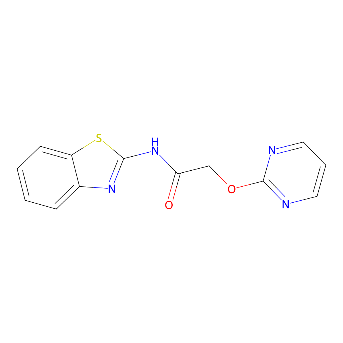 N-(benzo[d]thiazol-2-yl)-2-(pyrimidin-2-yloxy)acetamide molecular structure, CAS 1251610-46-4