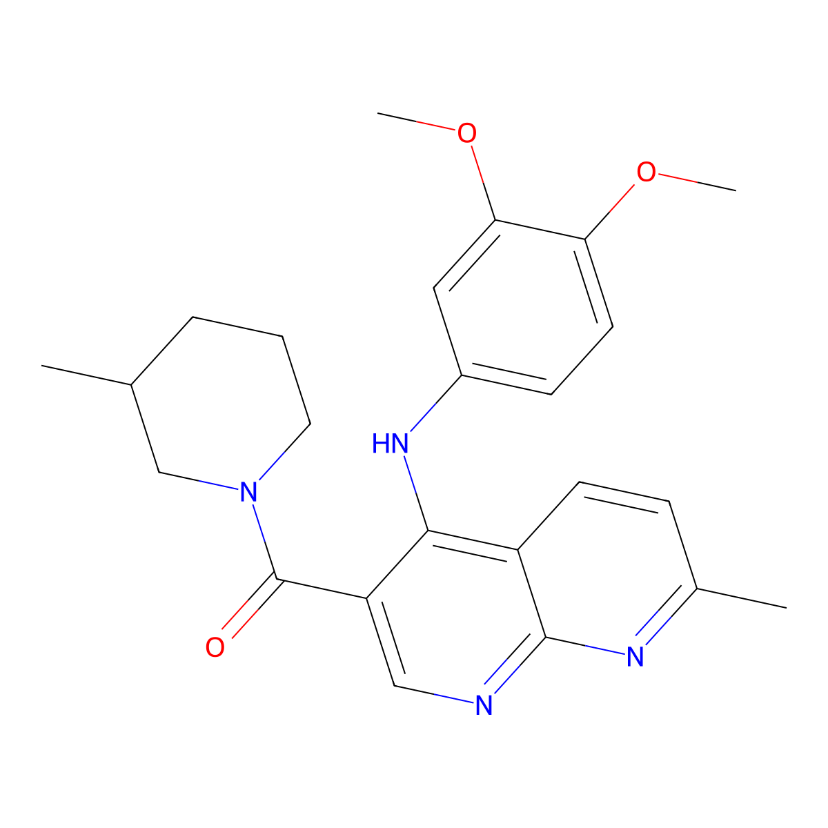 (4-((3,4-Dimethoxyphenyl)amino)-7-methyl-1,8-naphthyridin-3-yl)(3-methylpiperidin-1-yl)methanone molecular structure, CAS 1251610-65-7