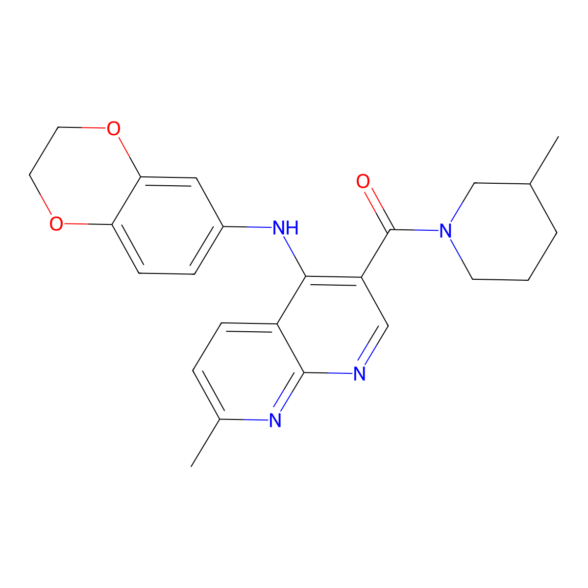 (4-((2,3-Dihydrobenzo[b][1,4]dioxin-6-yl)amino)-7-methyl-1,8-naphthyridin-3-yl)(3-methylpiperidin-1-yl)methanone molecular structure, CAS 1251610-74-8
