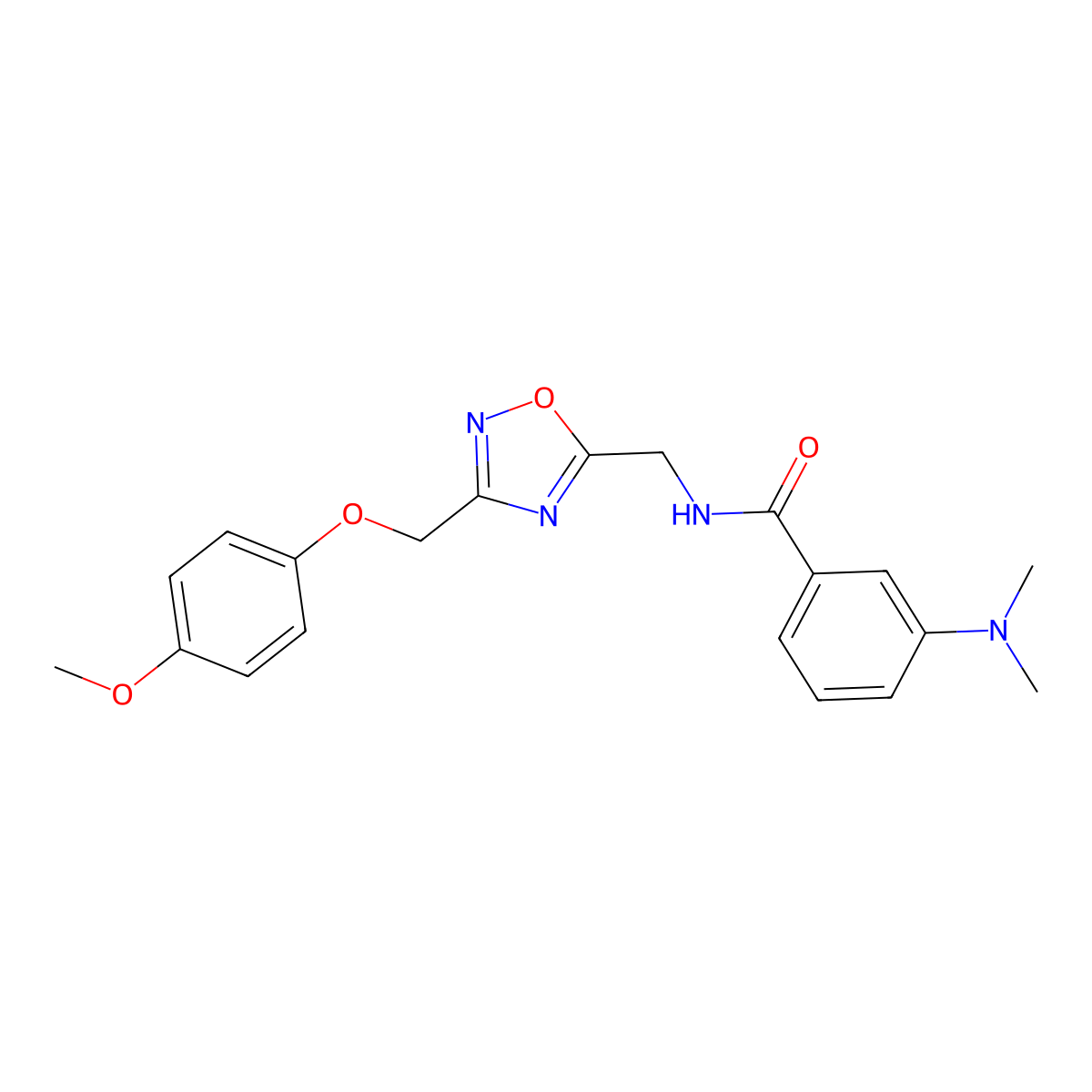 3-(dimethylamino)-N-((3-((4-methoxyphenoxy)methyl)-1,2,4-oxadiazol-5-yl)methyl)benzamide molecular structure, CAS 1251610-88-4
