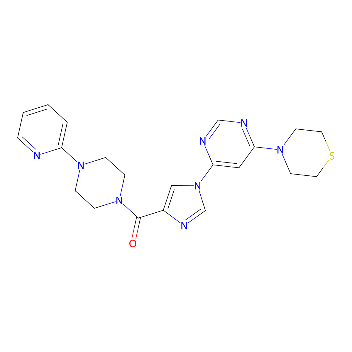 (4-(pyridin-2-yl)piperazin-1-yl)(1-(6-thiomorpholinopyrimidin-4-yl)-1H-imidazol-4-yl)methanone molecular structure, CAS 1251611-09-2