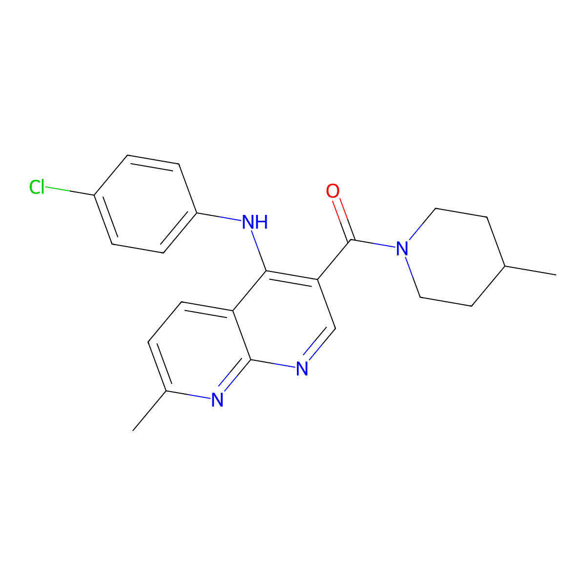(4-((4-Chlorophenyl)amino)-7-methyl-1,8-naphthyridin-3-yl)(4-methylpiperidin-1-yl)methanone molecular structure, CAS 1251611-11-6