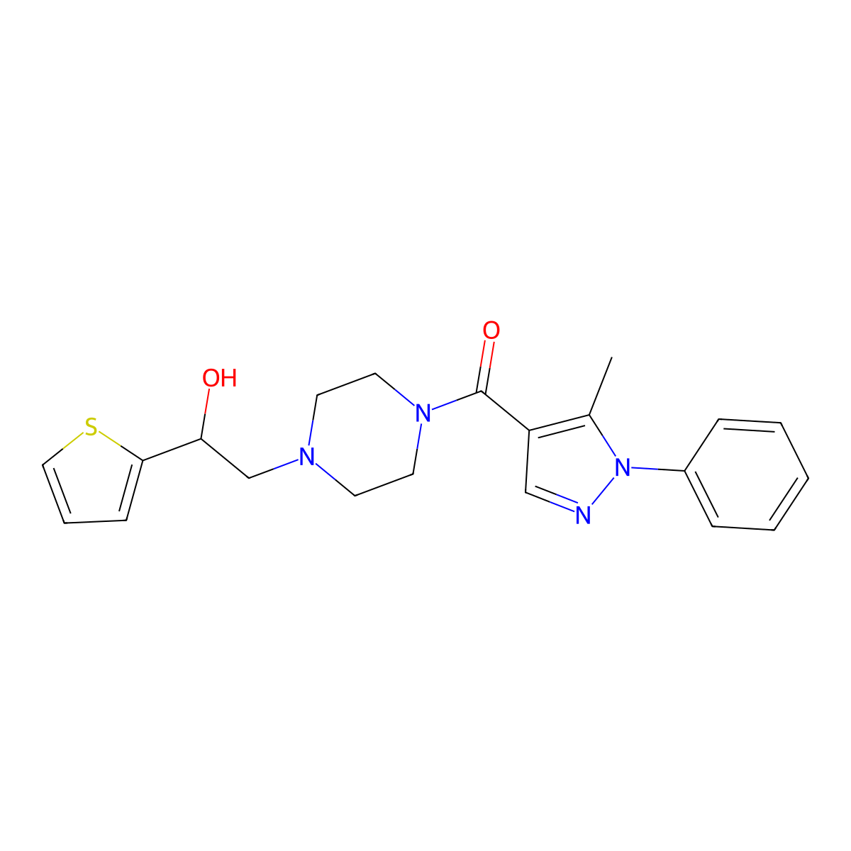 (4-(2-hydroxy-2-(thiophen-2-yl)ethyl)piperazin-1-yl)(5-methyl-1-phenyl-1H-pyrazol-4-yl)methanone molecular structure, CAS 1251611-27-4