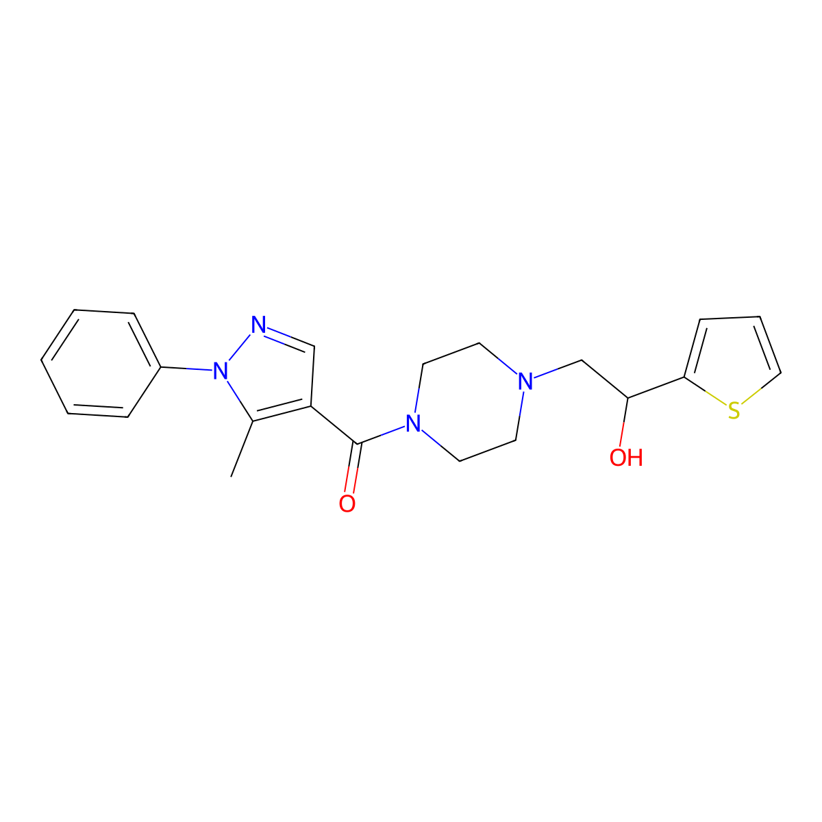 (4-(2-hydroxy-2-(thiophen-2-yl)ethyl)piperazin-1-yl)(5-methyl-1-phenyl-1H-pyrazol-4-yl)methanone molecular structure, CAS 1251611-27-4