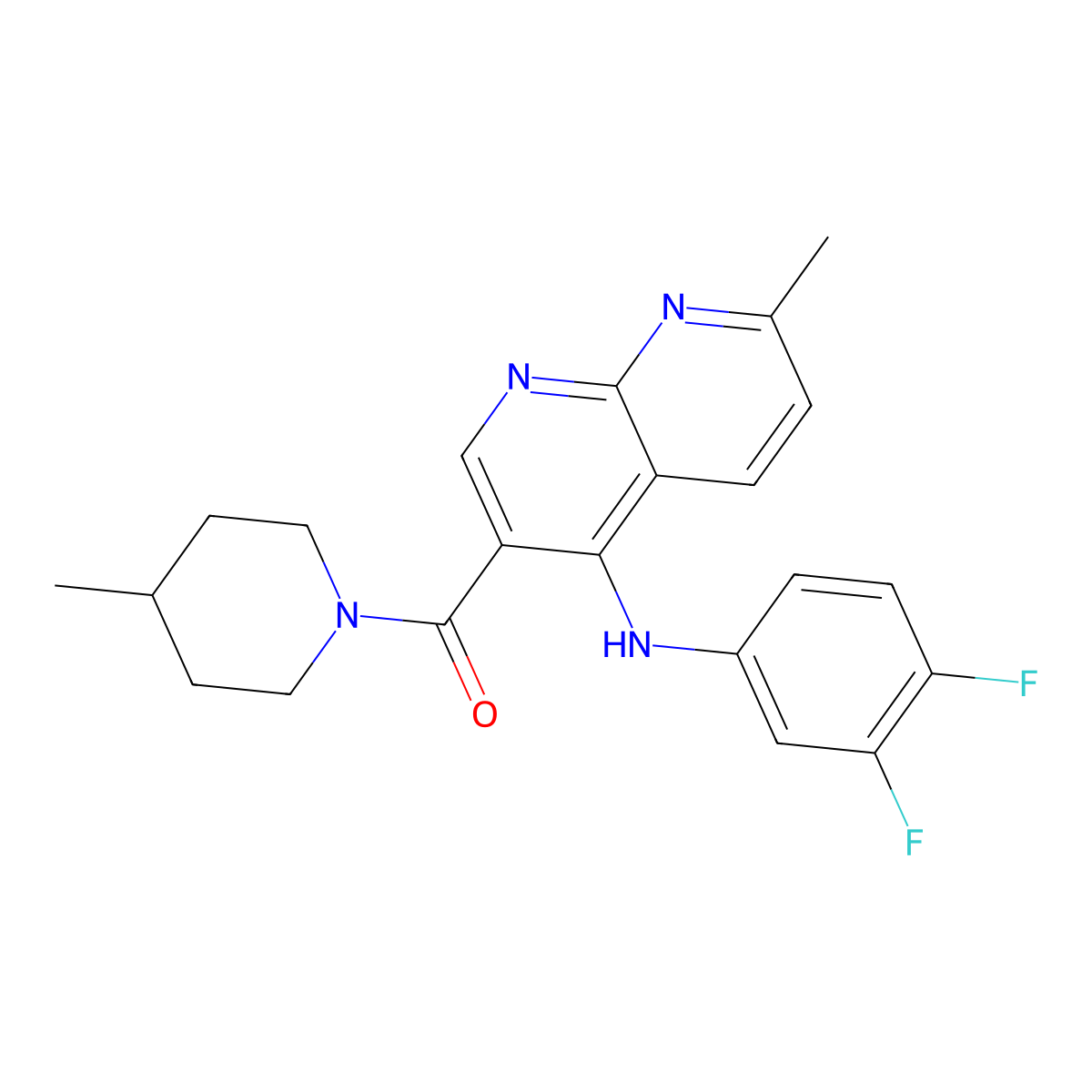 (4-((3,4-Difluorophenyl)amino)-7-methyl-1,8-naphthyridin-3-yl)(4-methylpiperidin-1-yl)methanone molecular structure, CAS 1251611-33-2