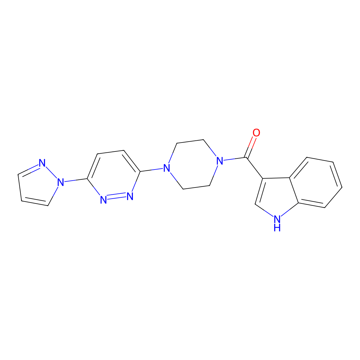(4-(6-(1H-pyrazol-1-yl)pyridazin-3-yl)piperazin-1-yl)(1H-indol-3-yl)methanone molecular structure, CAS 1251611-44-5
