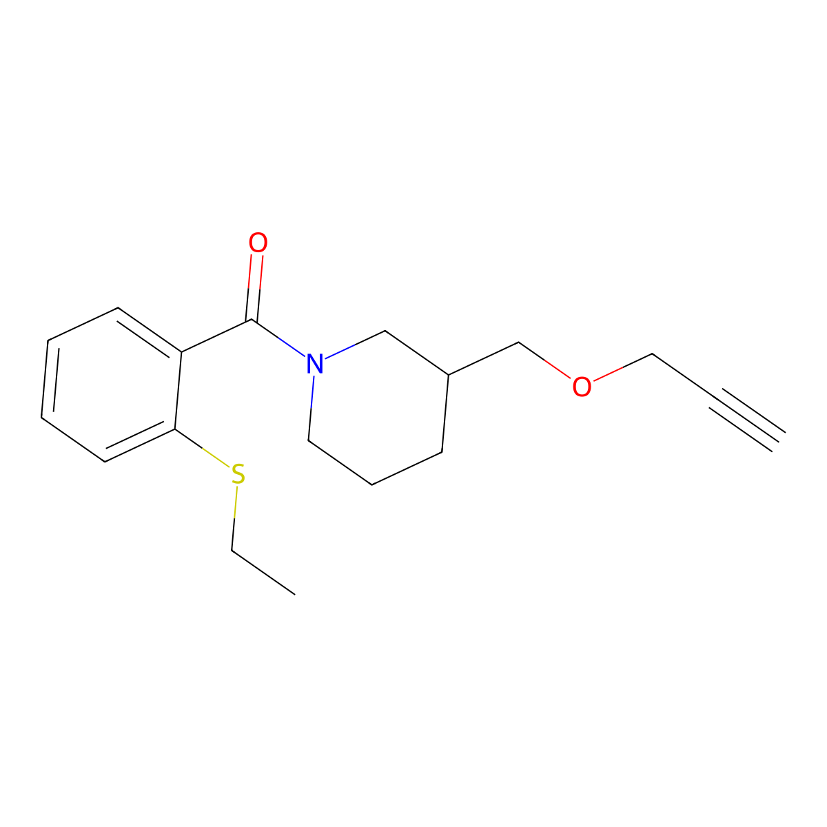 (2-(Ethylthio)phenyl)(3-((prop-2-yn-1-yloxy)methyl)piperidin-1-yl)methanone molecular structure, CAS 1251611-58-1