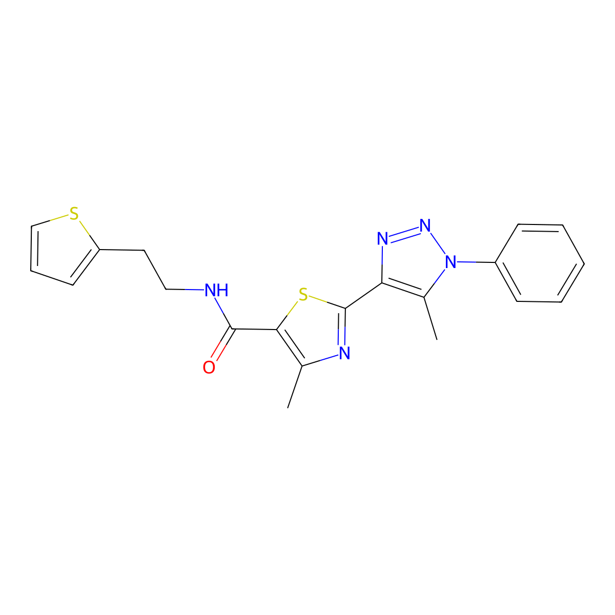 4-methyl-2-(5-methyl-1-phenyl-1H-1,2,3-triazol-4-yl)-N-(2-(thiophen-2-yl)ethyl)thiazole-5-carboxamide molecular structure, CAS 1251611-71-8