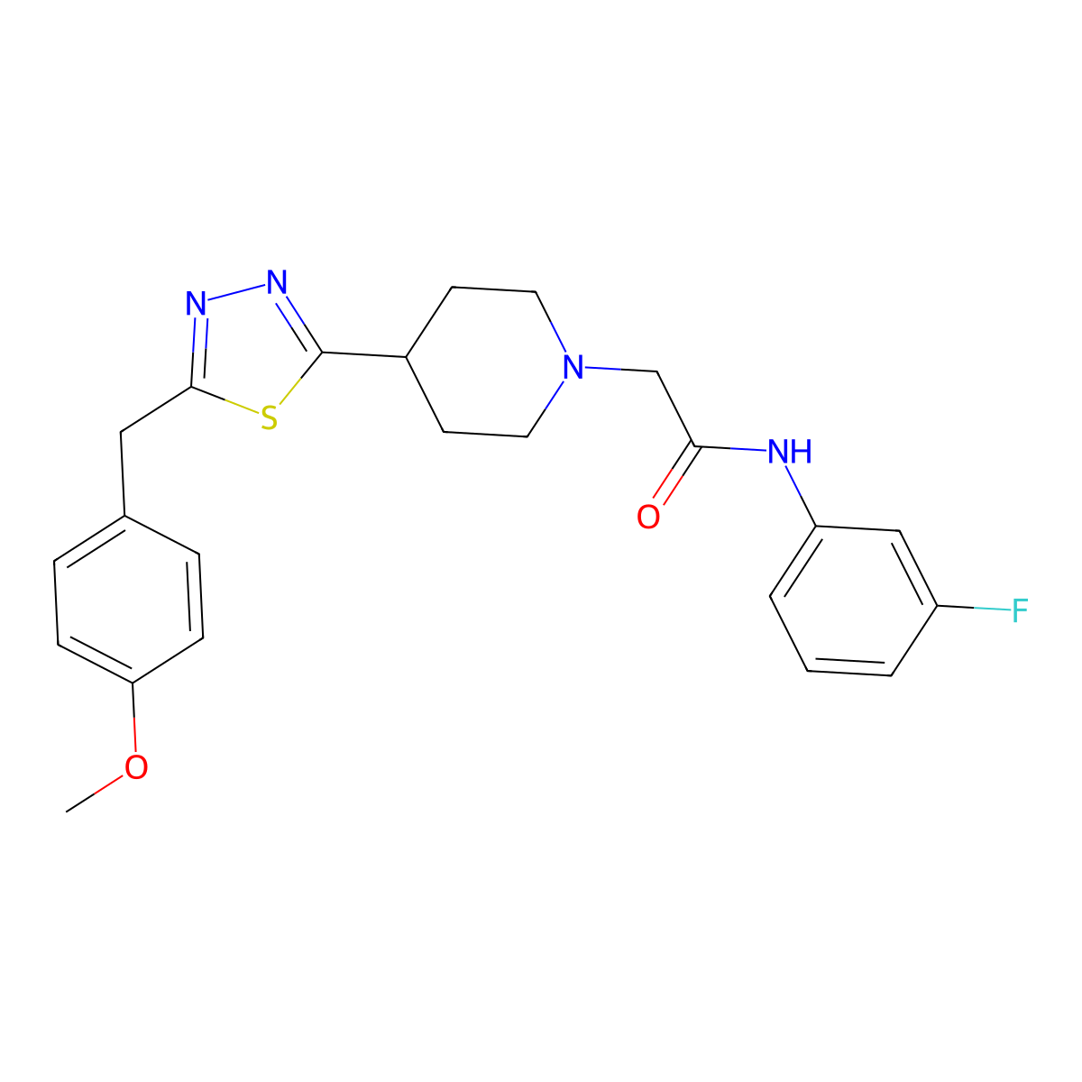 N-(3-fluorophenyl)-2-(4-(5-(4-methoxybenzyl)-1,3,4-thiadiazol-2-yl)piperidin-1-yl)acetamide molecular structure, CAS 1251612-00-6