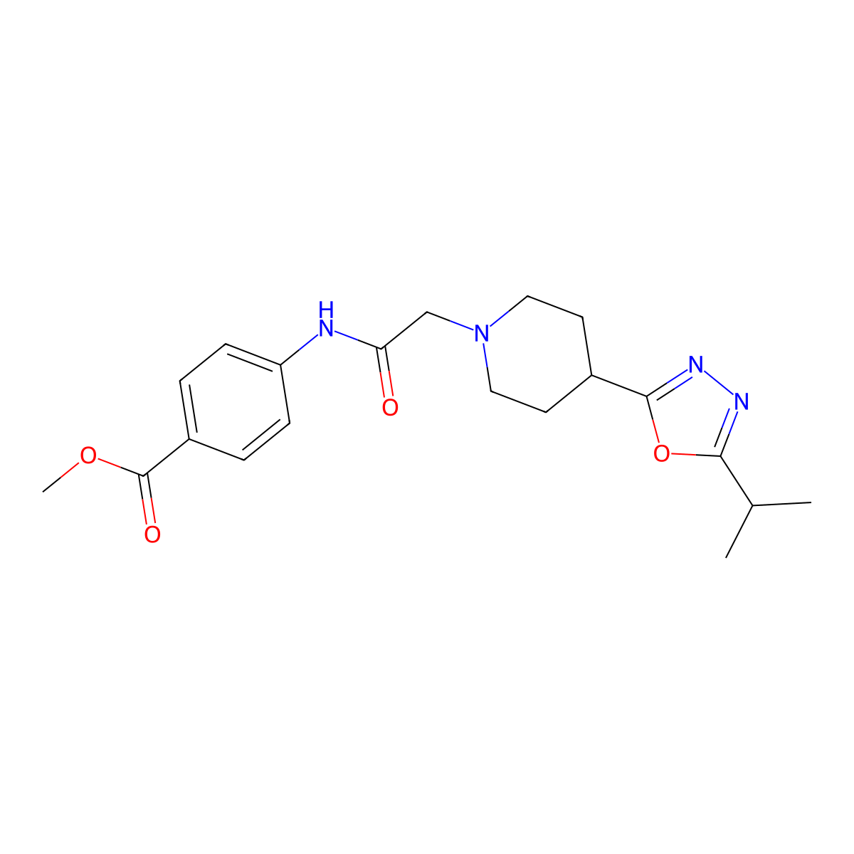Methyl 4-(2-(4-(5-isopropyl-1,3,4-oxadiazol-2-yl)piperidin-1-yl)acetamido)benzoate molecular structure, CAS 1251612-06-2