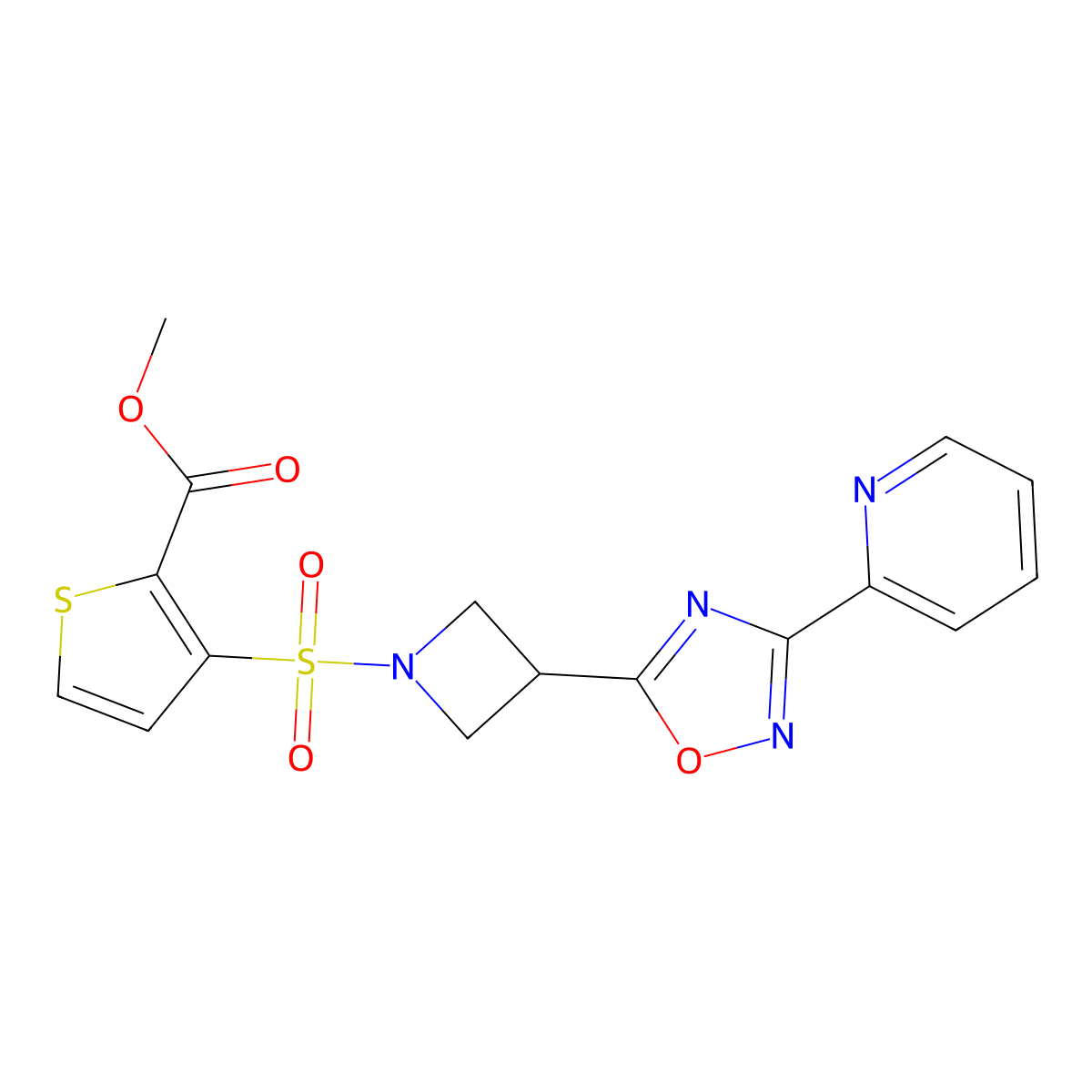 Methyl 3-((3-(3-(pyridin-2-yl)-1,2,4-oxadiazol-5-yl)azetidin-1-yl)sulfonyl)thiophene-2-carboxylate molecular structure, CAS 1251612-26-6
